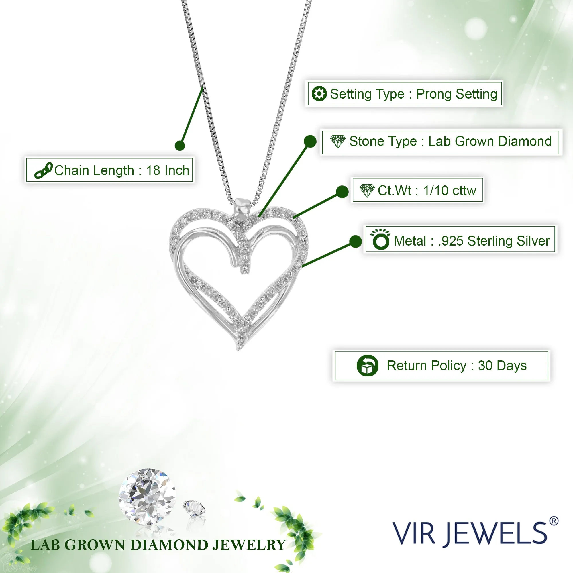 1/10 cttw Lab Grown Diamond Overlap Heart Pendant in Silver