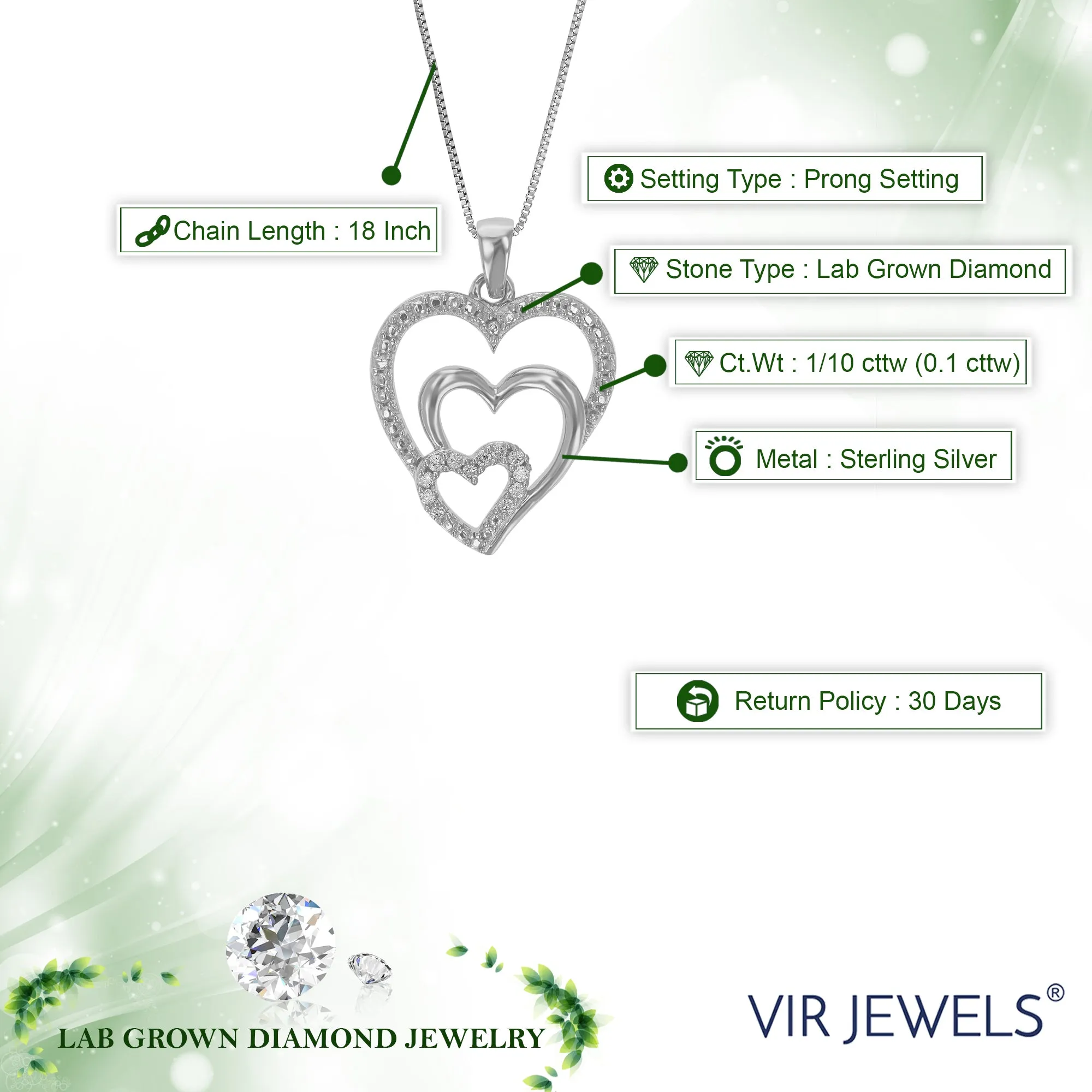 1/10 cttw Lab Grown Necklace Multi Heart Pendant in Sterling Silver