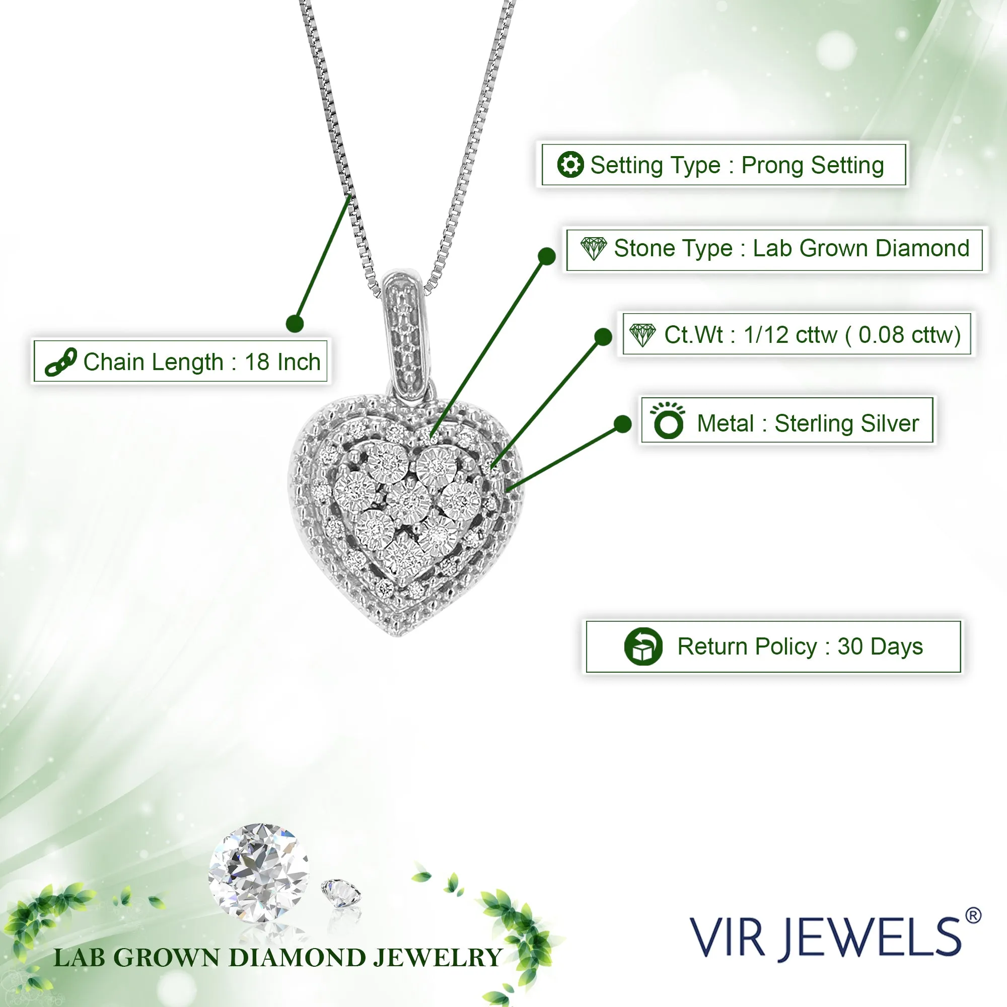 1/12 cttw Lab Grown Diamond Cluster Heart Pendant in Sterling Silver