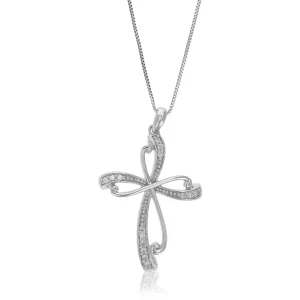 1/12 cttw Lab Grown Diamond Floral Cross Pendant Necklaces in Silver