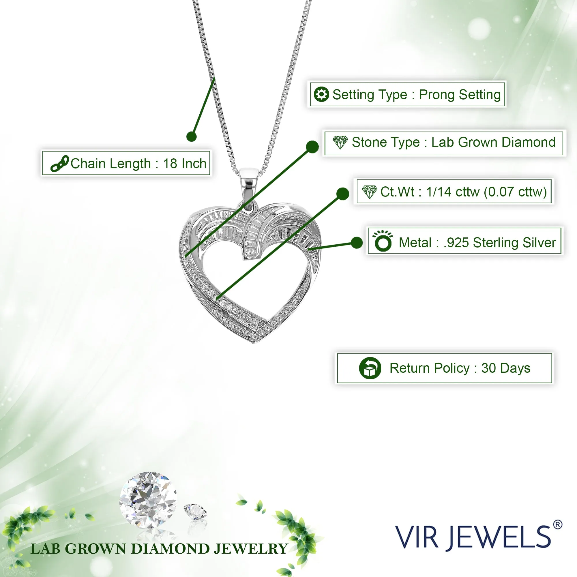 1/14 cttw Lab Grown Diamond Heart Pendant in Sterling Silver