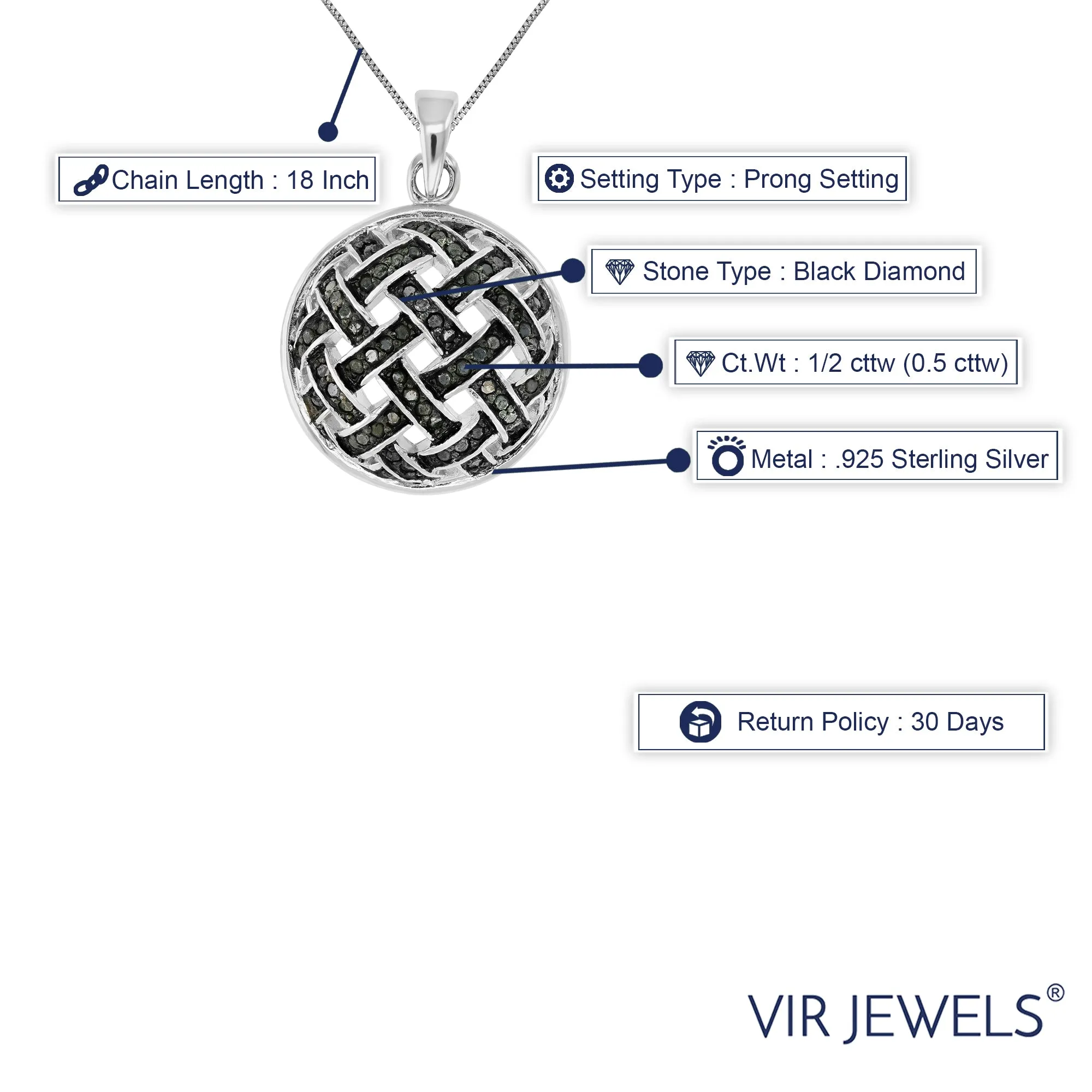 1/2 cttw Black Diamond Knitted Pendant Necklace in Sterling Silver