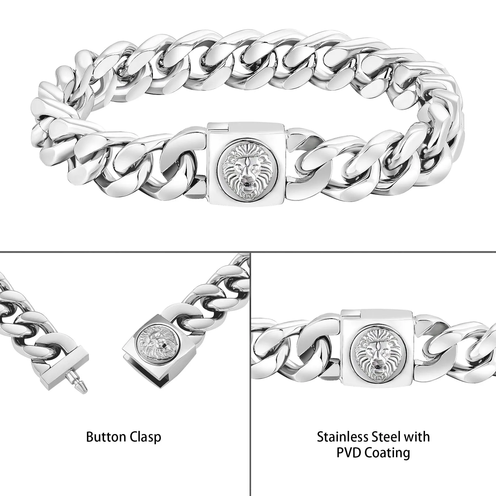 12mm Miami Cuban Link Bracelet with Lion Button Clasp