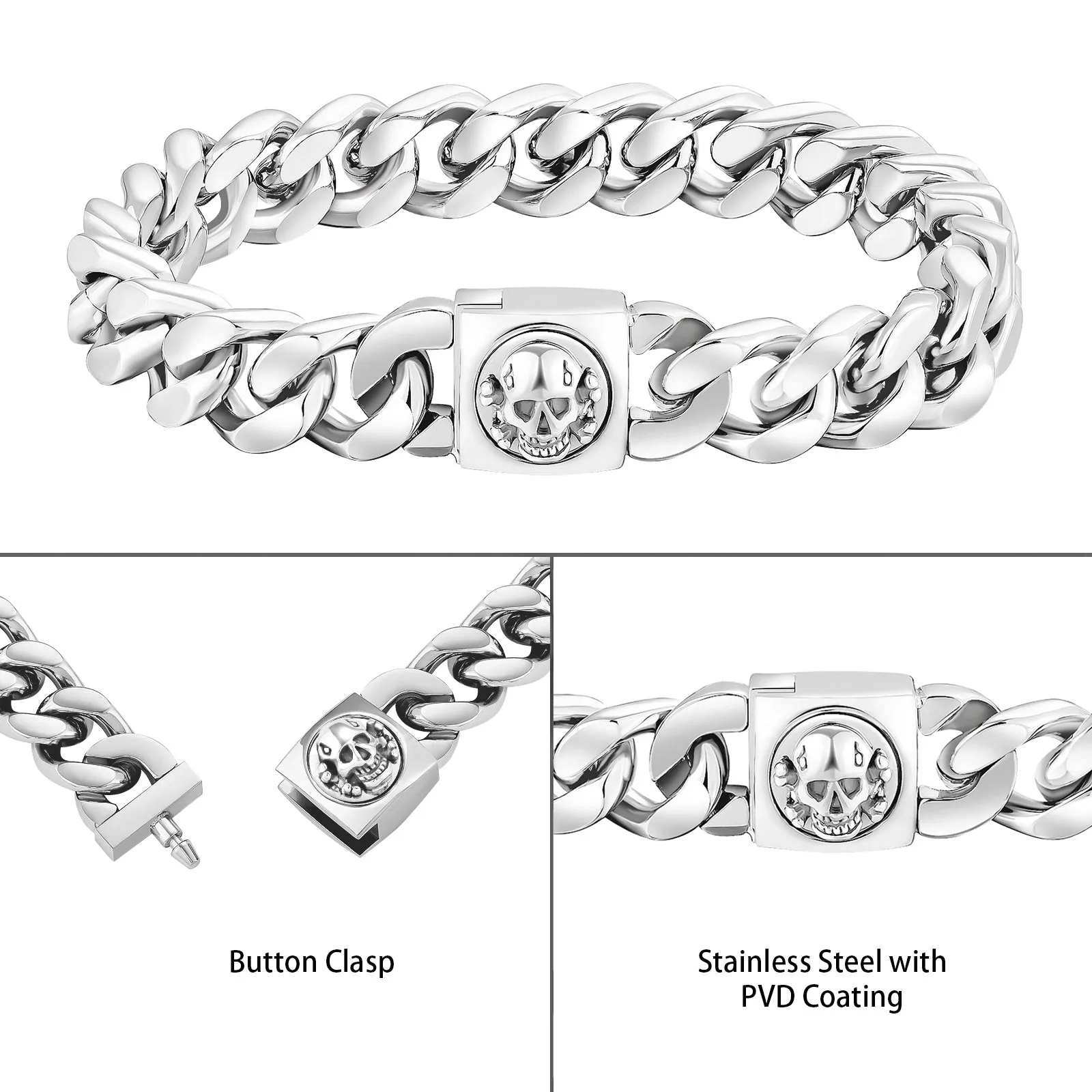 12mm Miami Cuban Link Bracelet with Skull Button Clasp