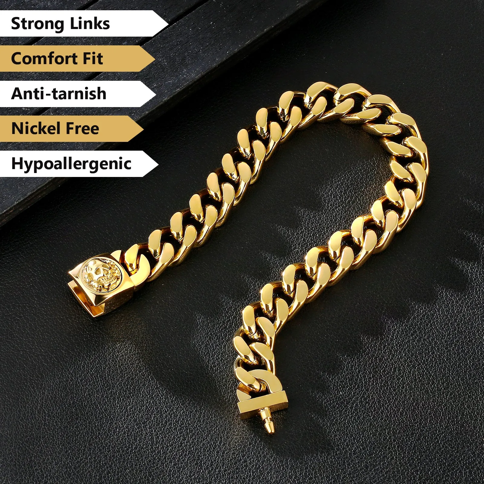 12mm Miami Cuban Link Bracelet with Skull Button Clasp