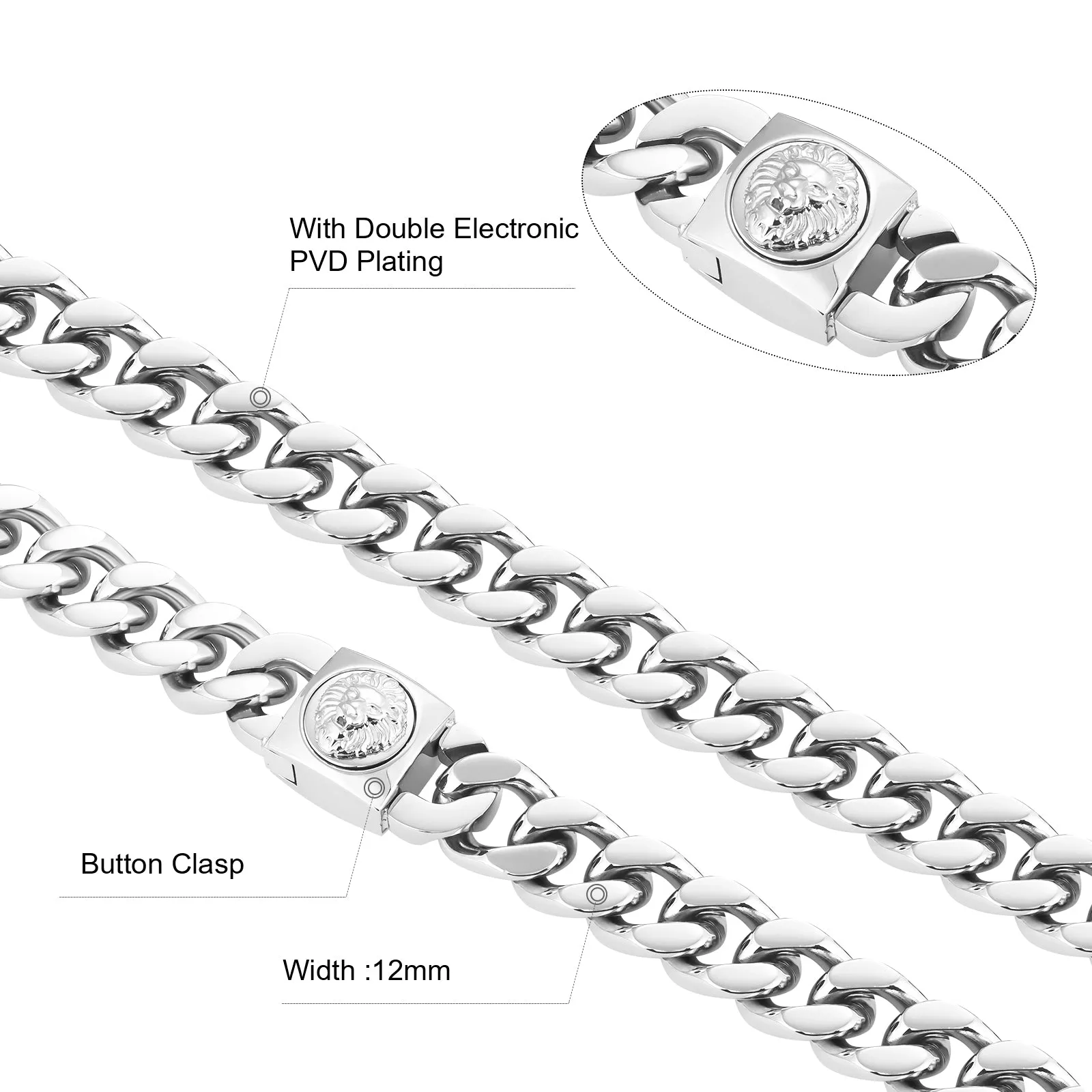 12mm Miami Cuban Link Chain with Lion Button Clasp