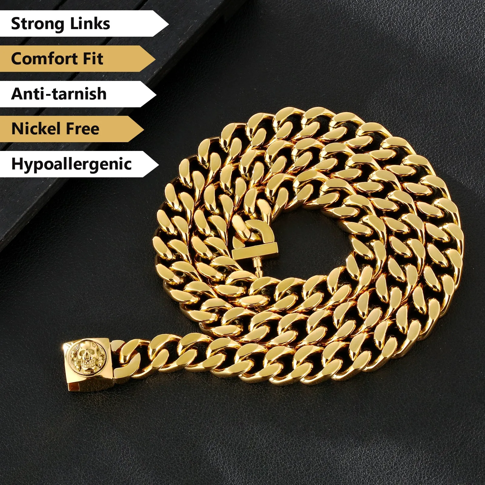 12mm Miami Cuban Link Chain with Skull Button Clasp
