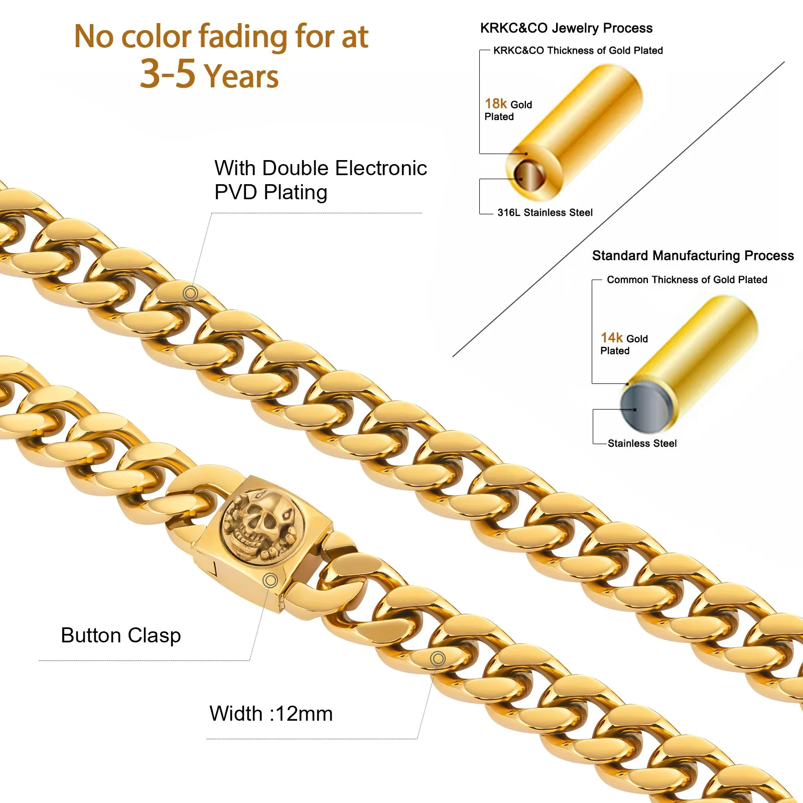12mm Miami Cuban Link Chain with Skull Button Clasp