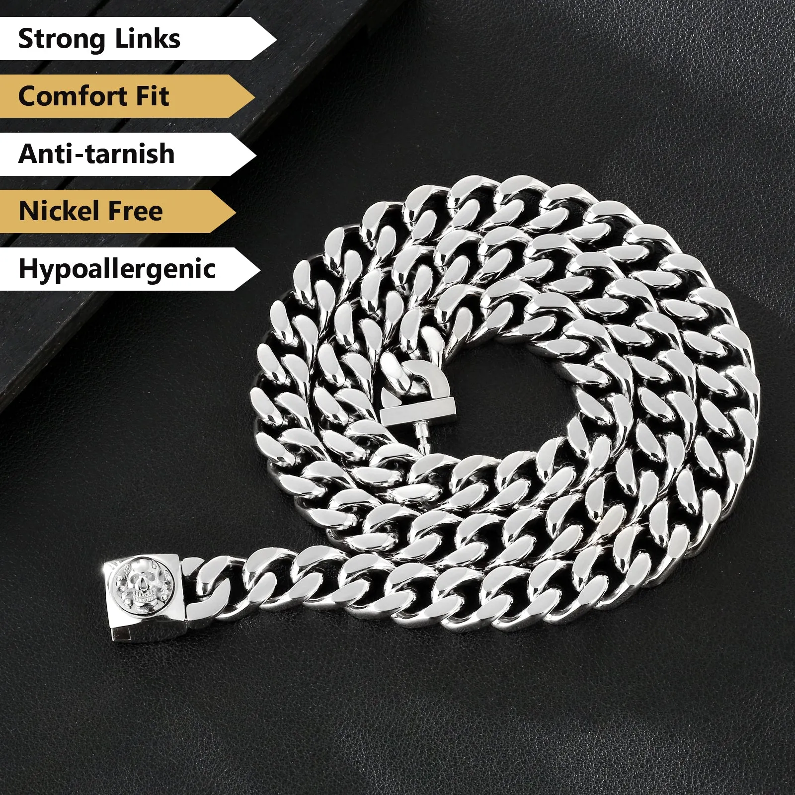 12mm Miami Cuban Link Chain with Skull Button Clasp
