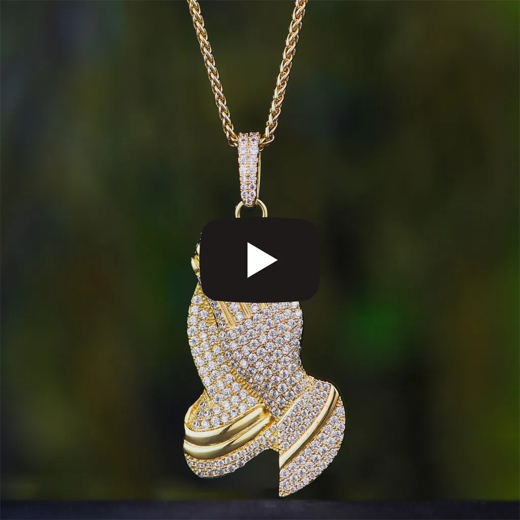 14K Gold Iced Praying Hand Pendant