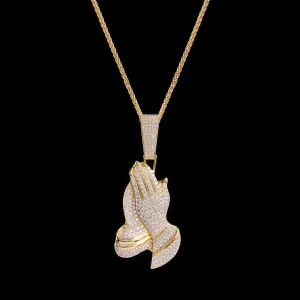 14K Gold Iced Praying Hand Pendant