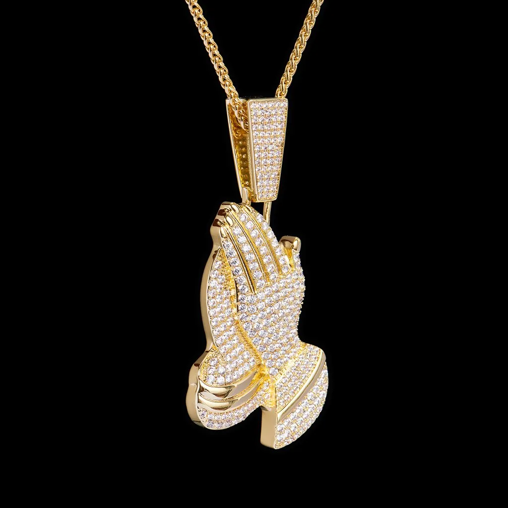 14K Gold Iced Praying Hand Pendant