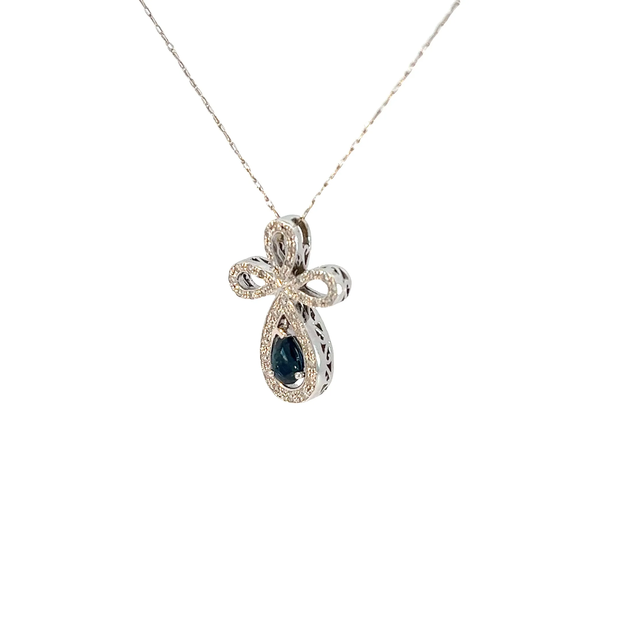 14k White Gold .40ct Pear Shape Sapphire and .25ct G SI1 Round Diamond Cross Necklace