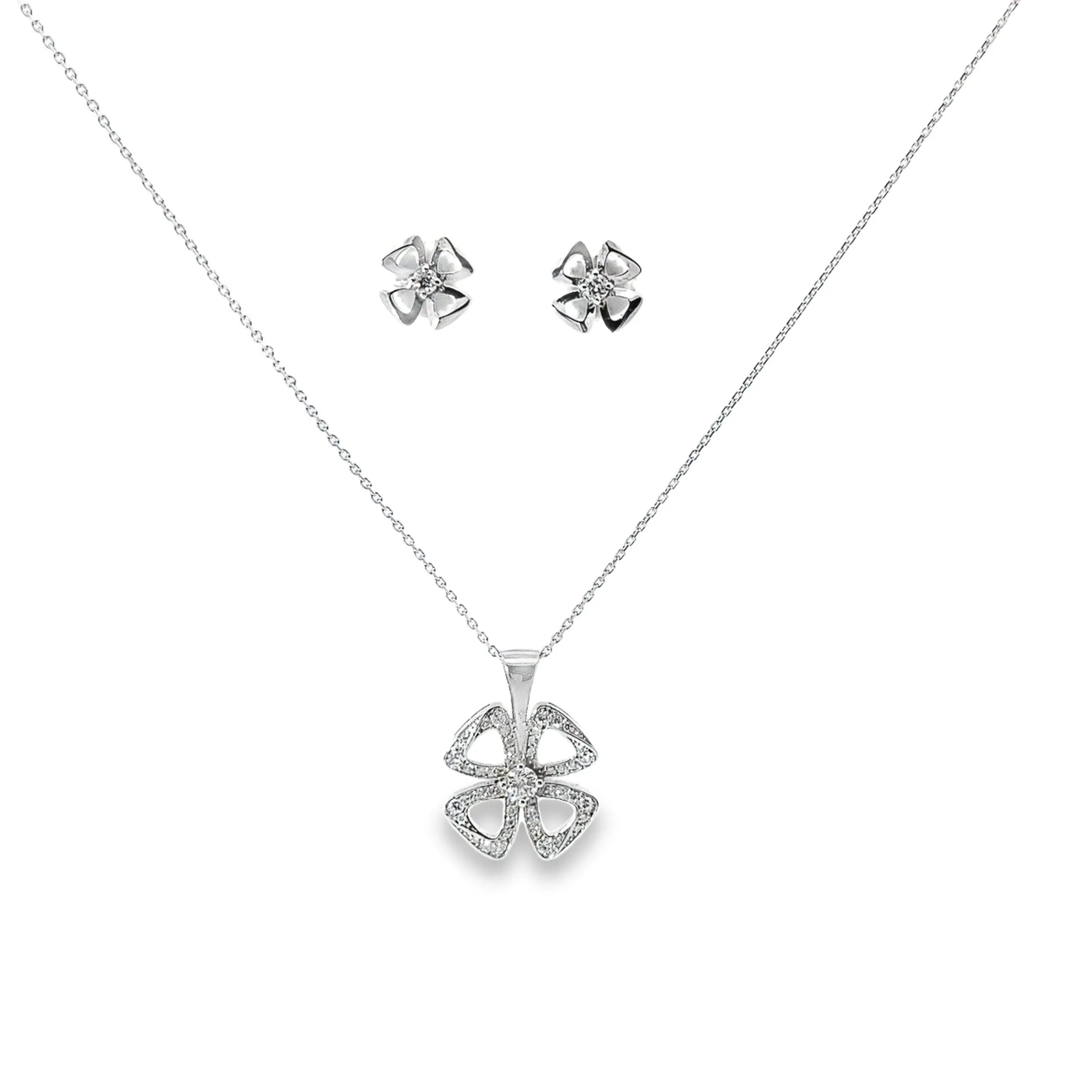 14k White Gold .50ct G VS2 Round Diamond Clover Necklace and Earrings Set