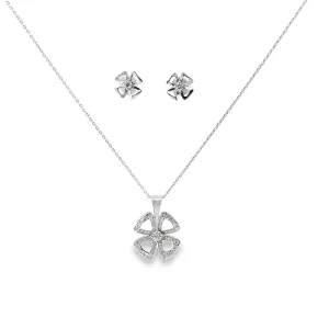 14k White Gold .50ct G VS2 Round Diamond Clover Necklace and Earrings Set