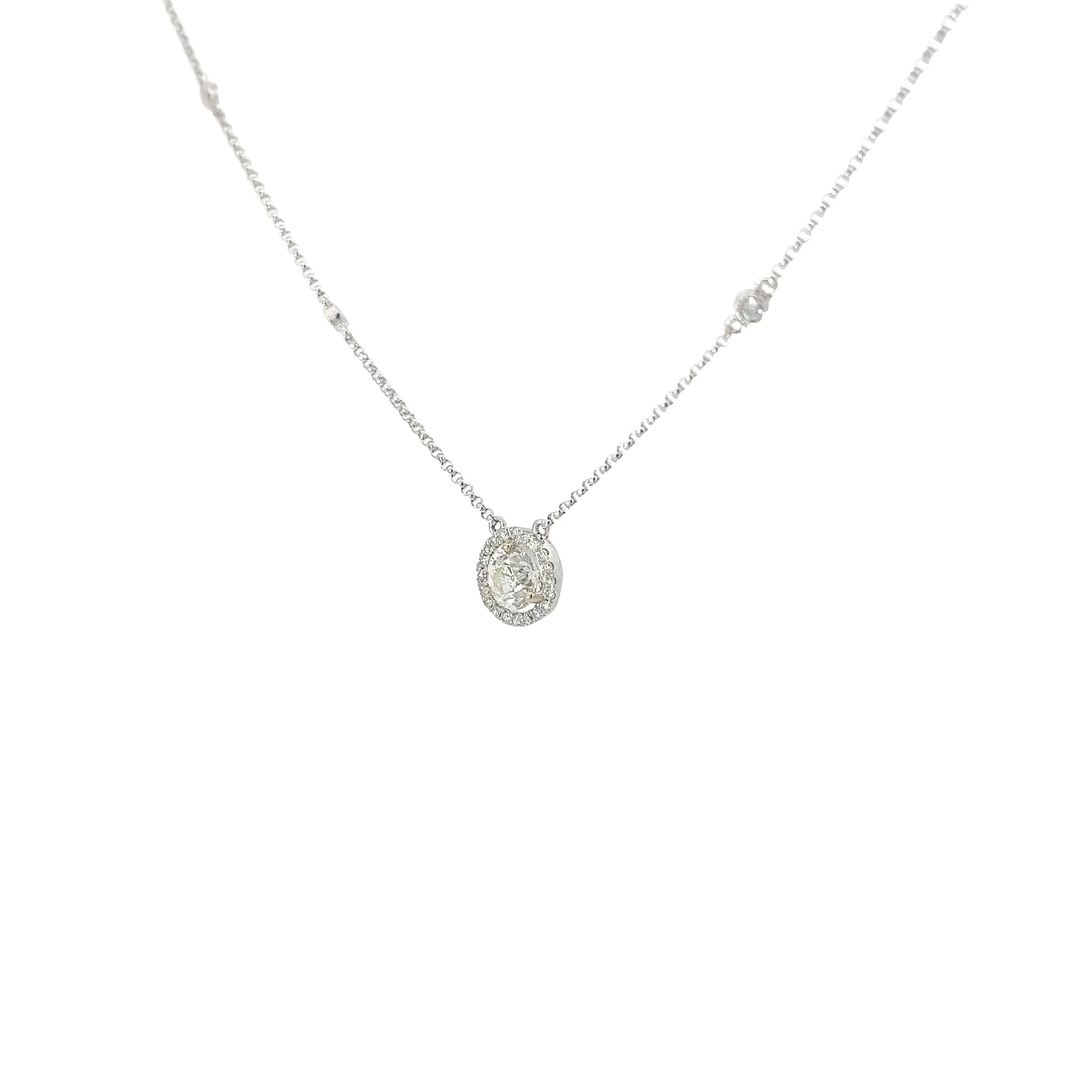 14k White Gold .83ct H SI1 Center Round Diamond and along Halo .23ct H SI1 Round Diamond Solitaire Necklace
