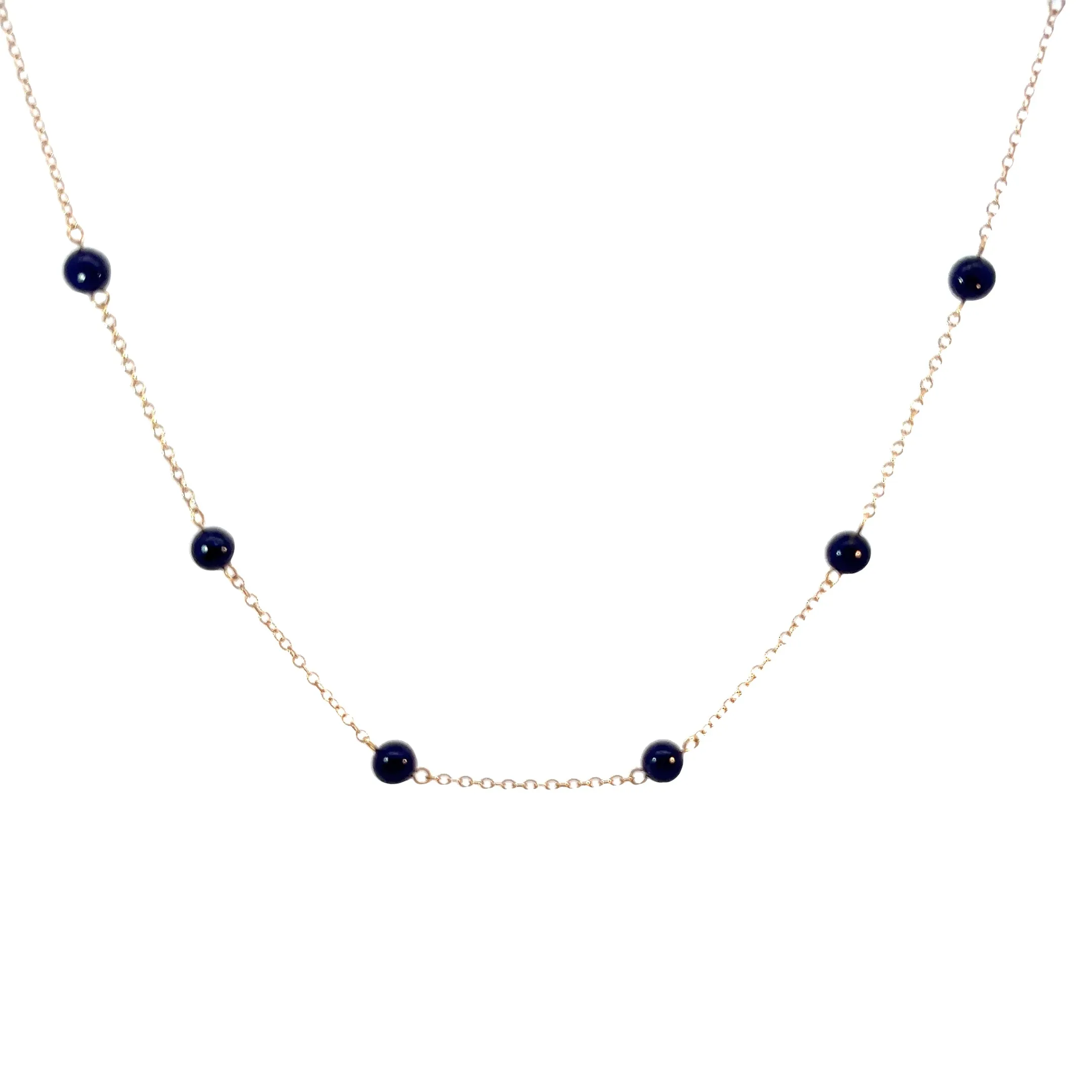 14K YELLOW GOLD 10 LAPIS BEAD 6MM VINTAGE NECKLACE
