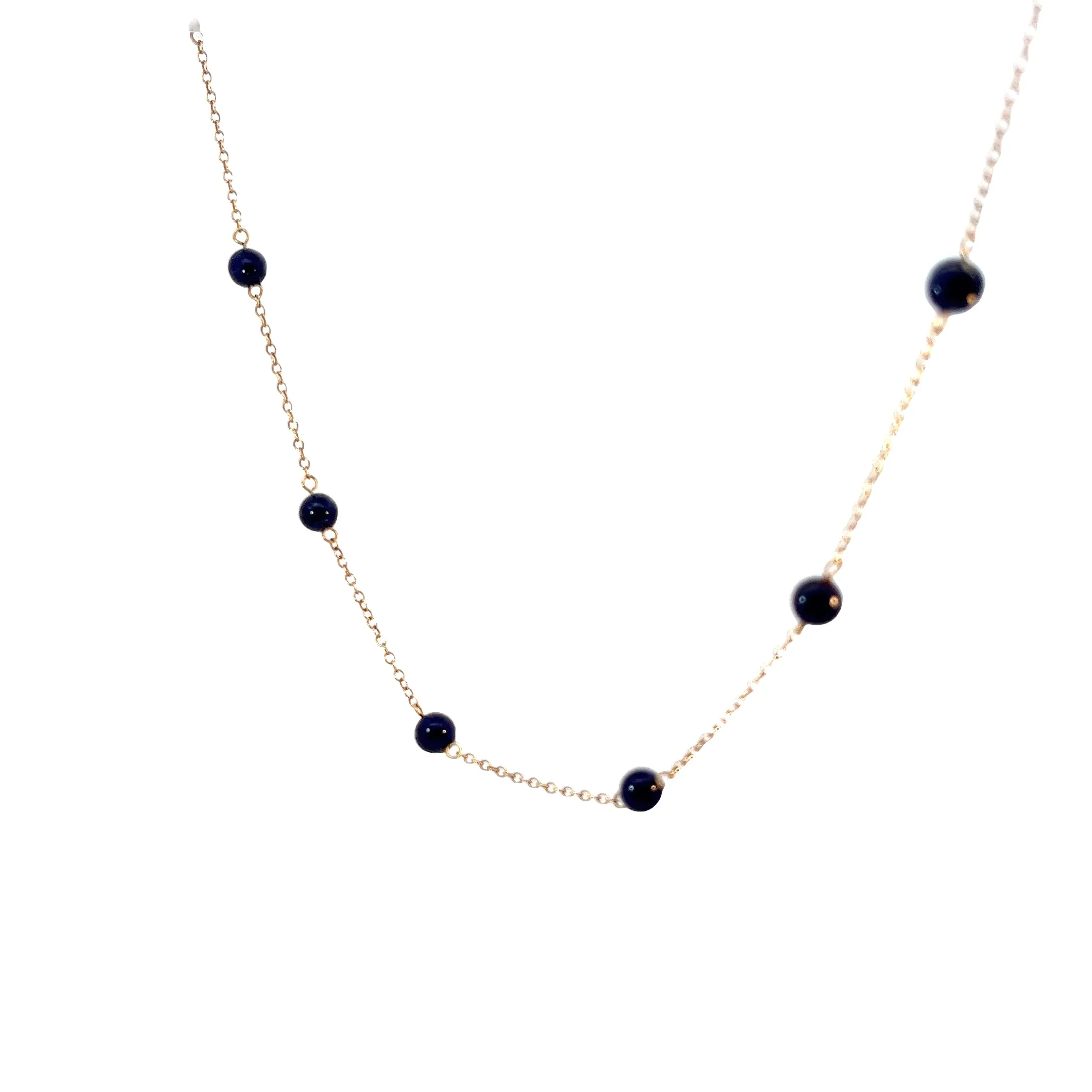14K YELLOW GOLD 10 LAPIS BEAD 6MM VINTAGE NECKLACE