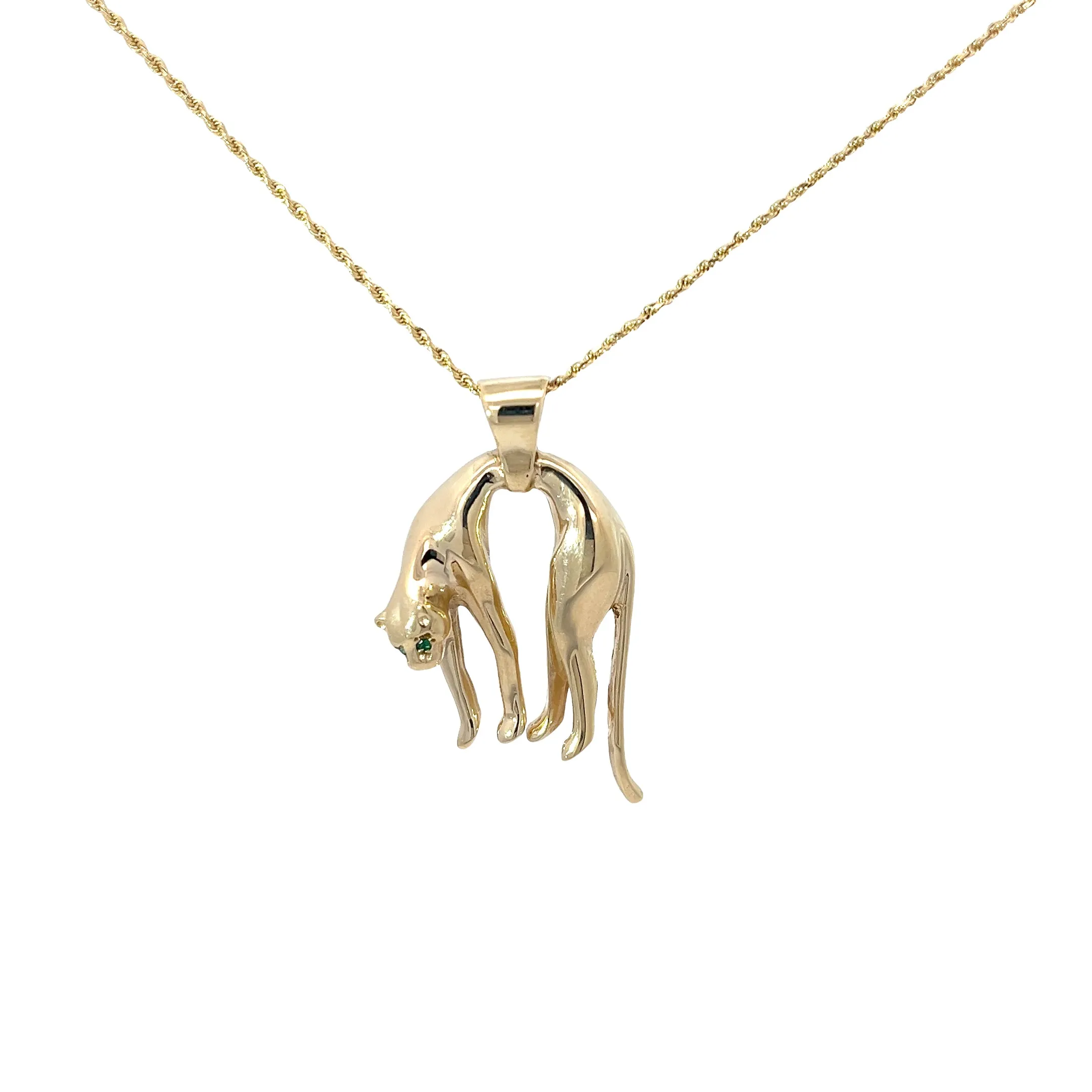 14K YELLOW GOLD 11.7 GRAM .10CT COLOMBIAN EMERALD HANGING PANTHER 16"INCH ROPE CHAIN NECKLACE