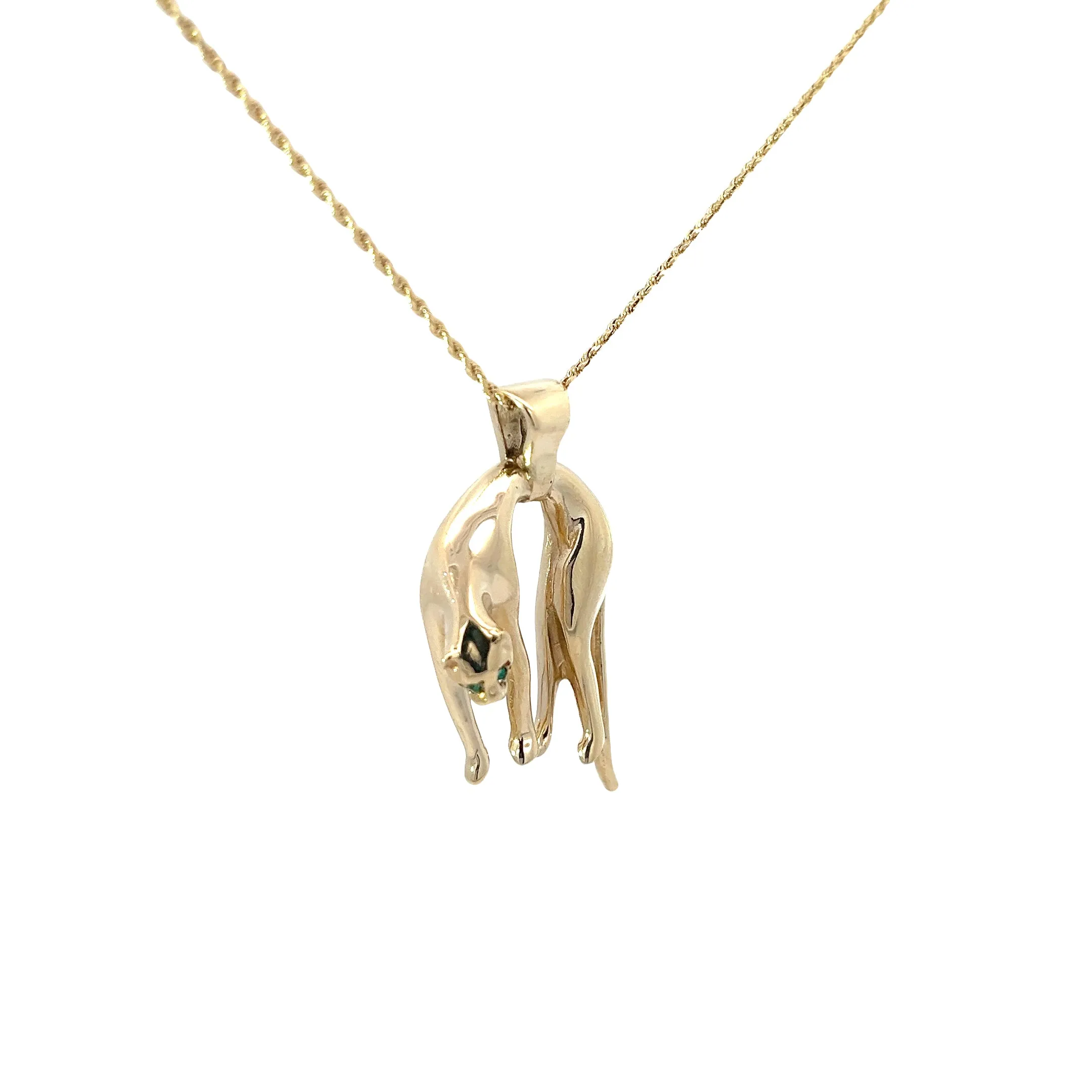 14K YELLOW GOLD 11.7 GRAM .10CT COLOMBIAN EMERALD HANGING PANTHER 16"INCH ROPE CHAIN NECKLACE