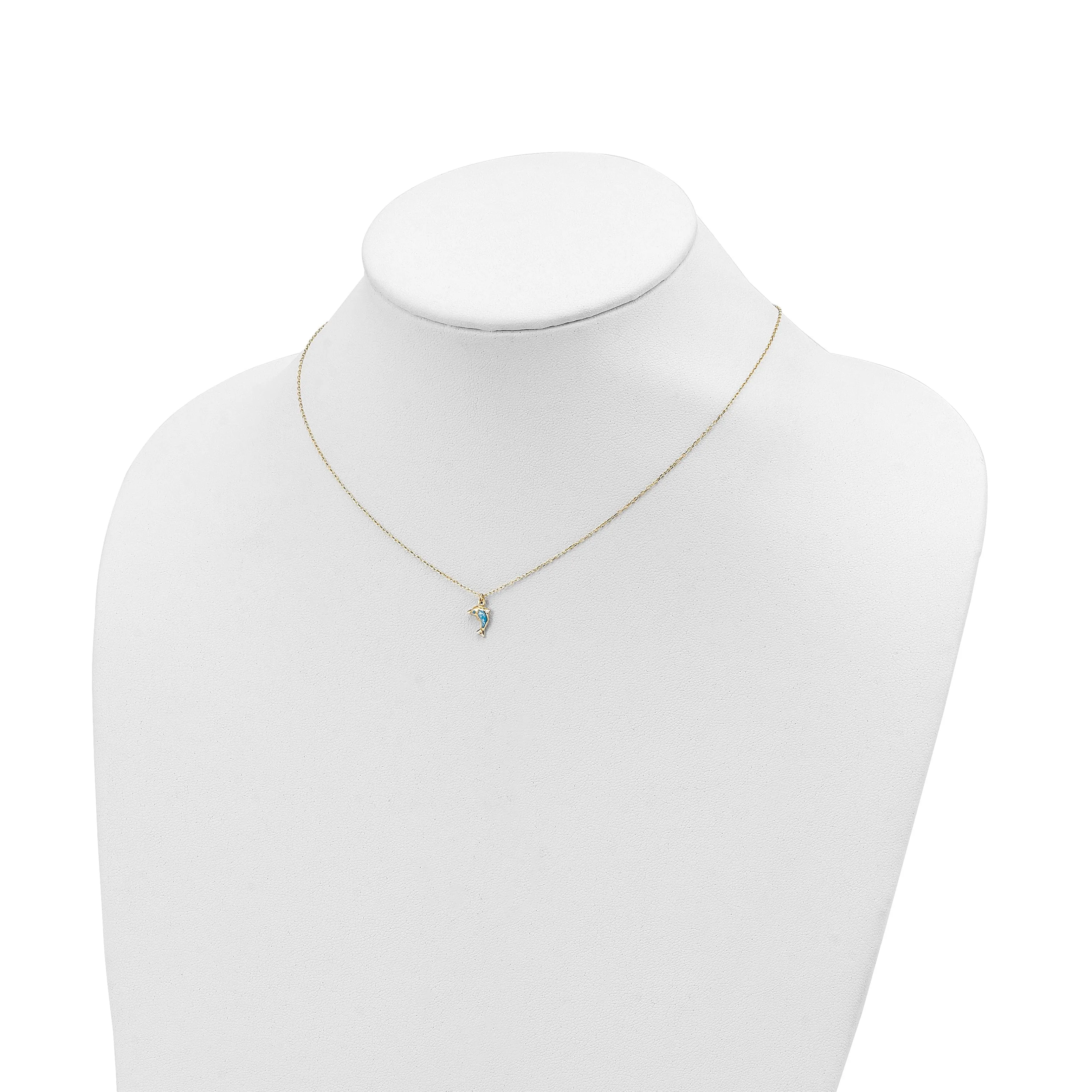 14k Yellow Gold Semi-Solid Polished White, Blue Enameled Finish 3-Dimensional Dolphin Pendant in a 16.5-inch Cable Chain Necklace Set