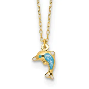 14k Yellow Gold Semi-Solid Polished White, Blue Enameled Finish 3-Dimensional Dolphin Pendant in a 16.5-inch Cable Chain Necklace Set