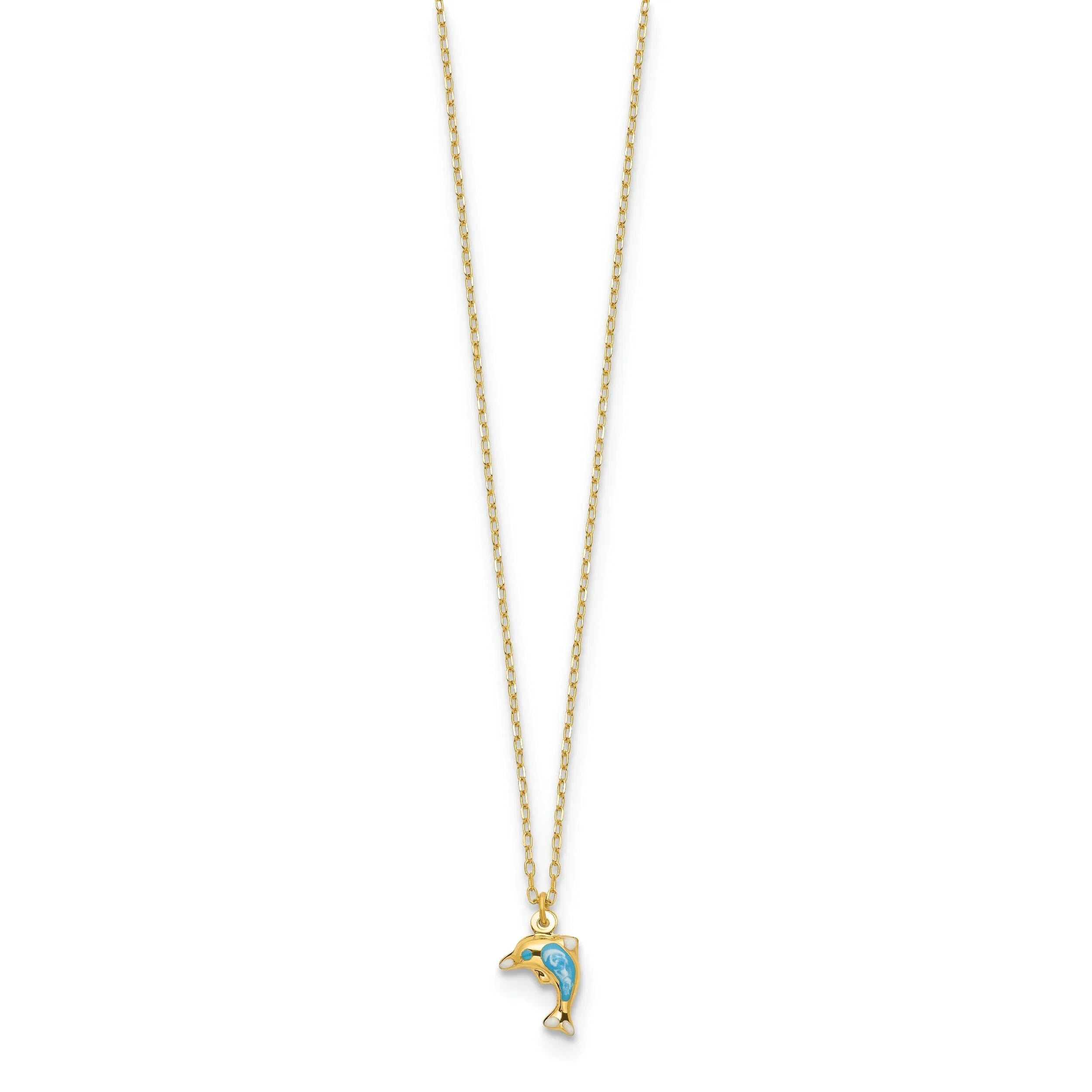 14k Yellow Gold Semi-Solid Polished White, Blue Enameled Finish 3-Dimensional Dolphin Pendant in a 16.5-inch Cable Chain Necklace Set
