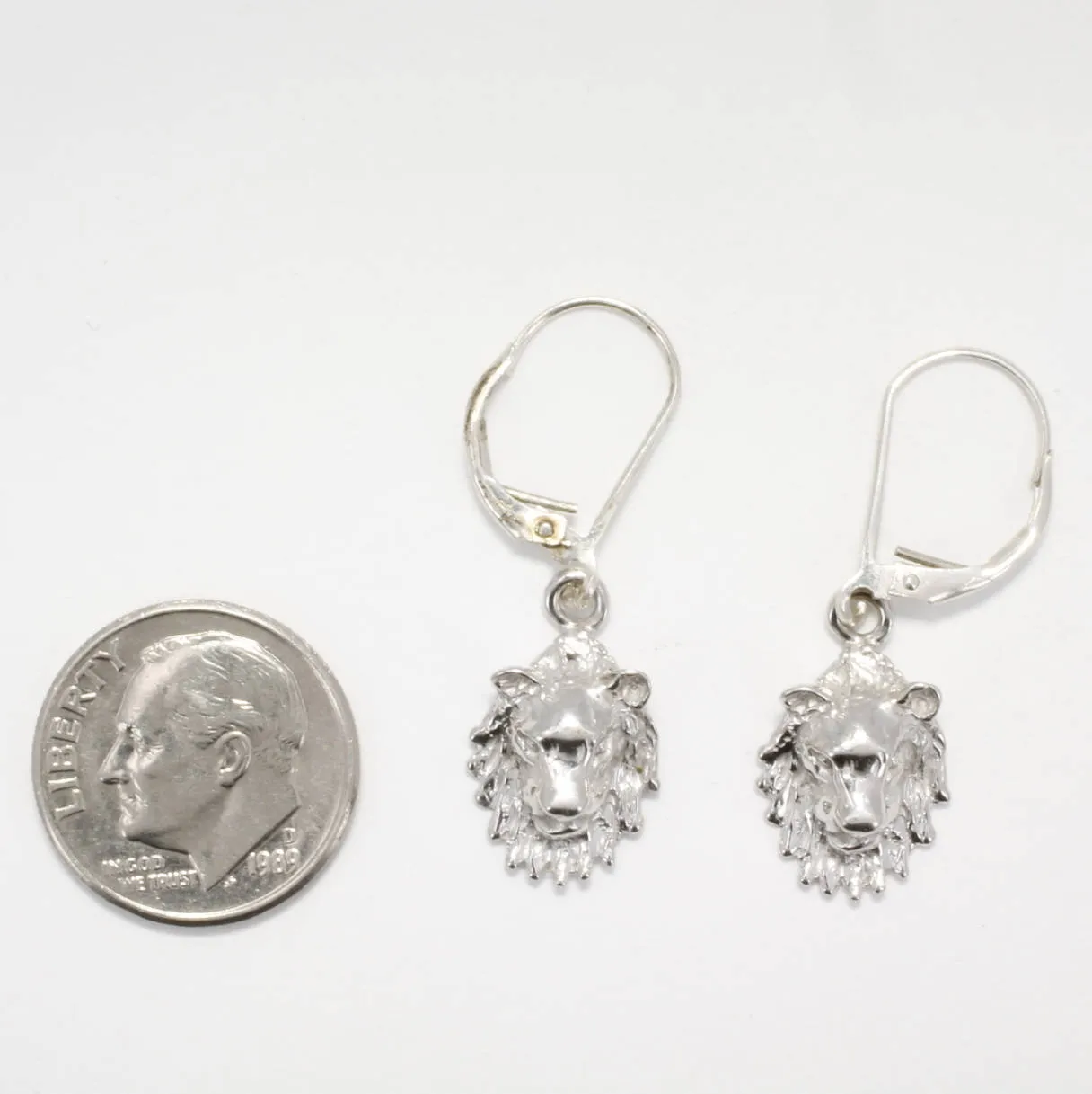14kt White Gold Lion Heads Dangle Earrings Facing Forward