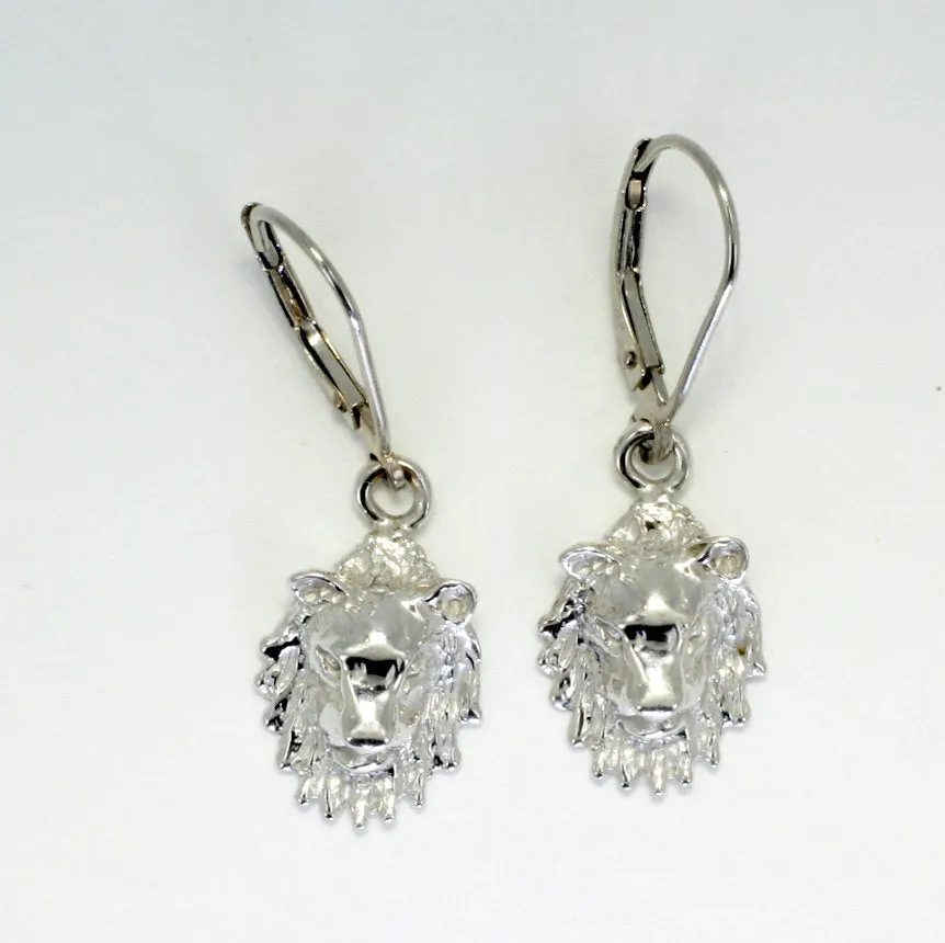 14kt White Gold Lion Heads Dangle Earrings Facing Forward