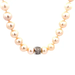 18k White Gold 1.00ct F VS2 Round Diamond Clasp Fresh Water White Pearl Necklace 14mm