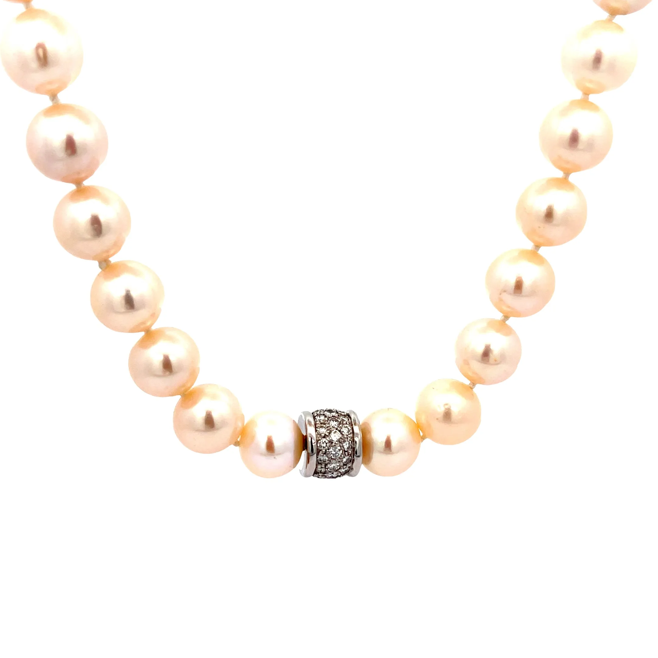 18k White Gold 1.00ct F VS2 Round Diamond Clasp Fresh Water White Pearl Necklace 14mm