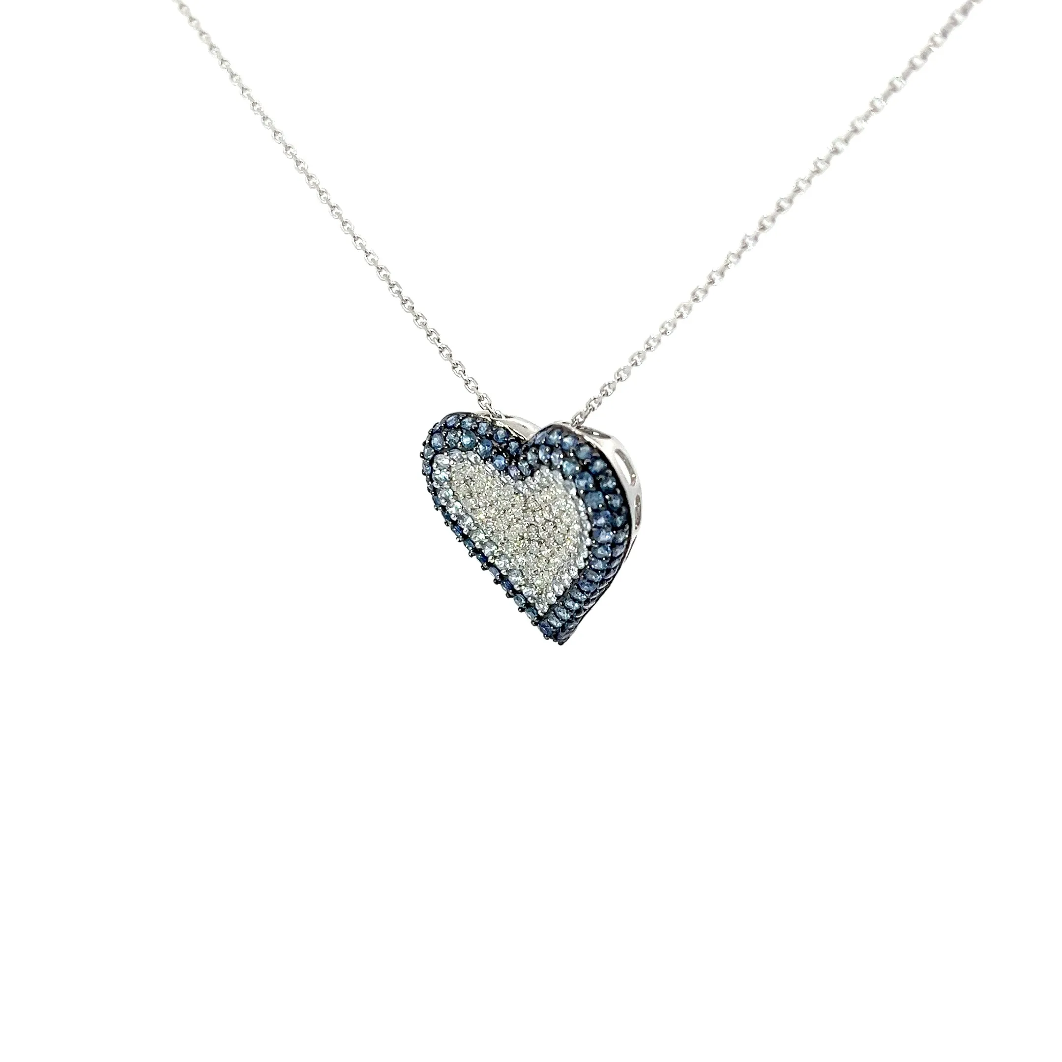 18k White Gold 2.00ct Blue Sapphire and .50ct G SI2 Round Diamond Heart Necklace
