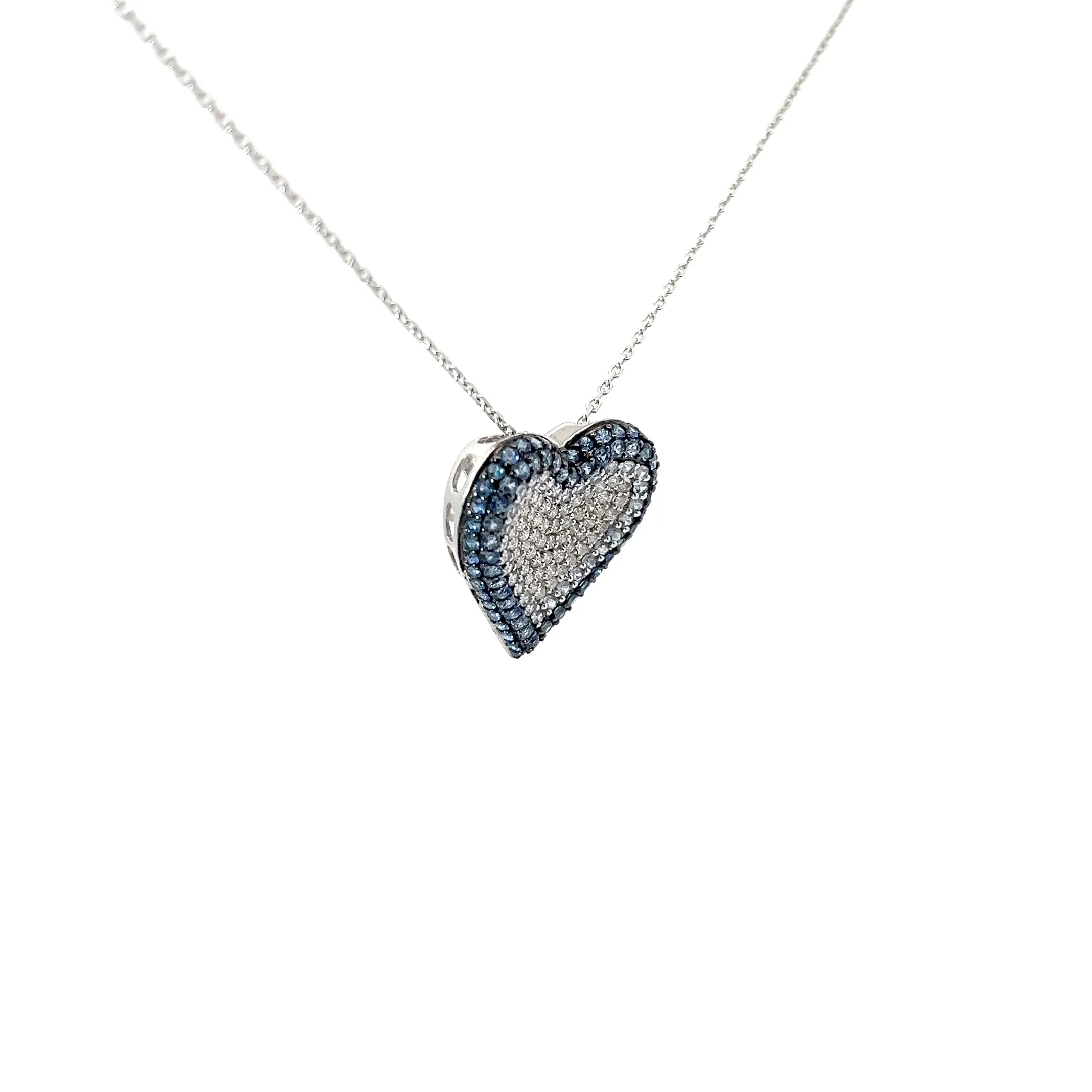 18k White Gold 2.00ct Blue Sapphire and .50ct G SI2 Round Diamond Heart Necklace