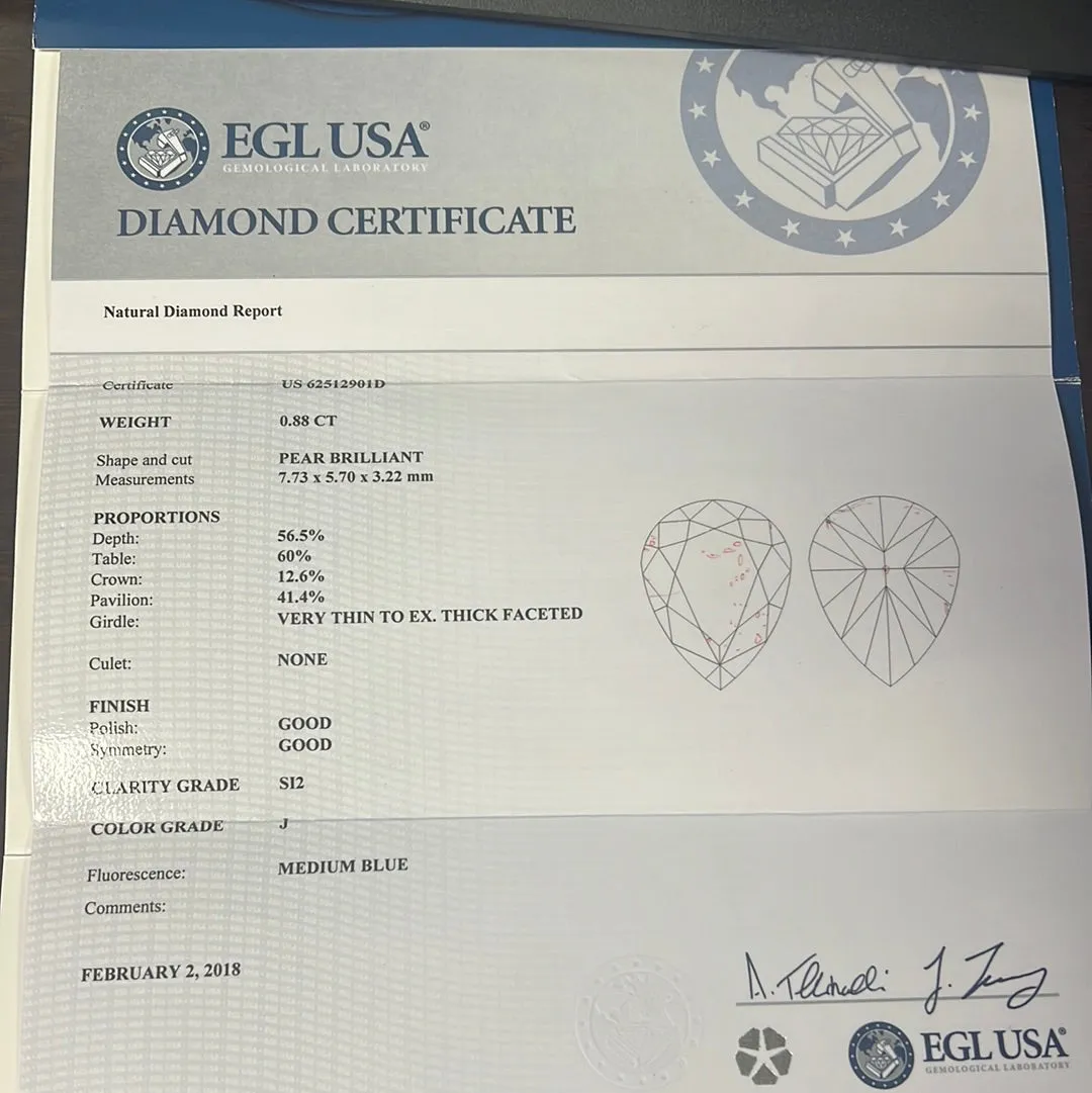 18k White Gold .88ct J SI1 Center Pear Shape Diamond and along Halo .13ct J SI1 Round Diamond Necklace Certified By EGL USA #US62512901