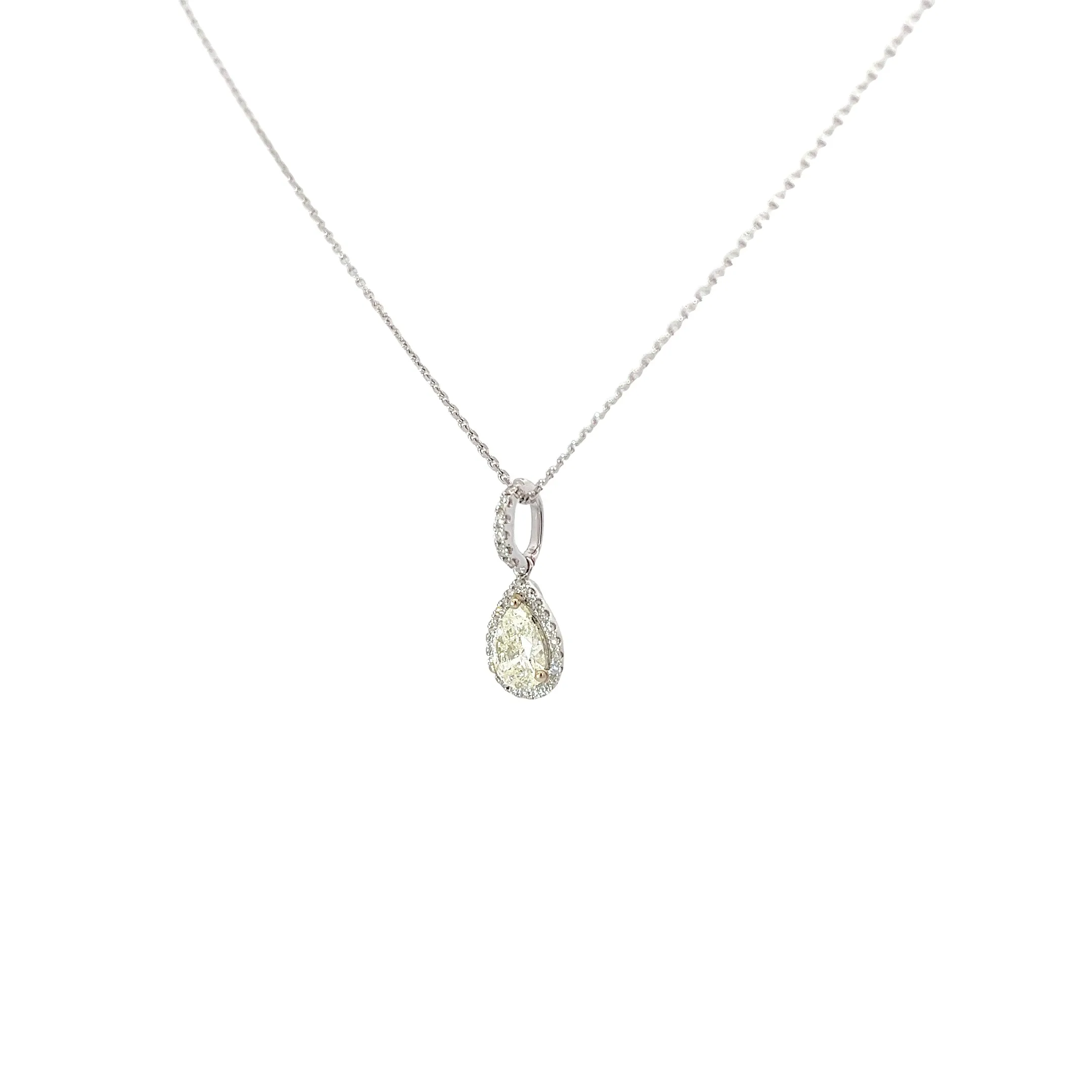 18k White Gold .88ct J SI1 Center Pear Shape Diamond and along Halo .13ct J SI1 Round Diamond Necklace Certified By EGL USA #US62512901
