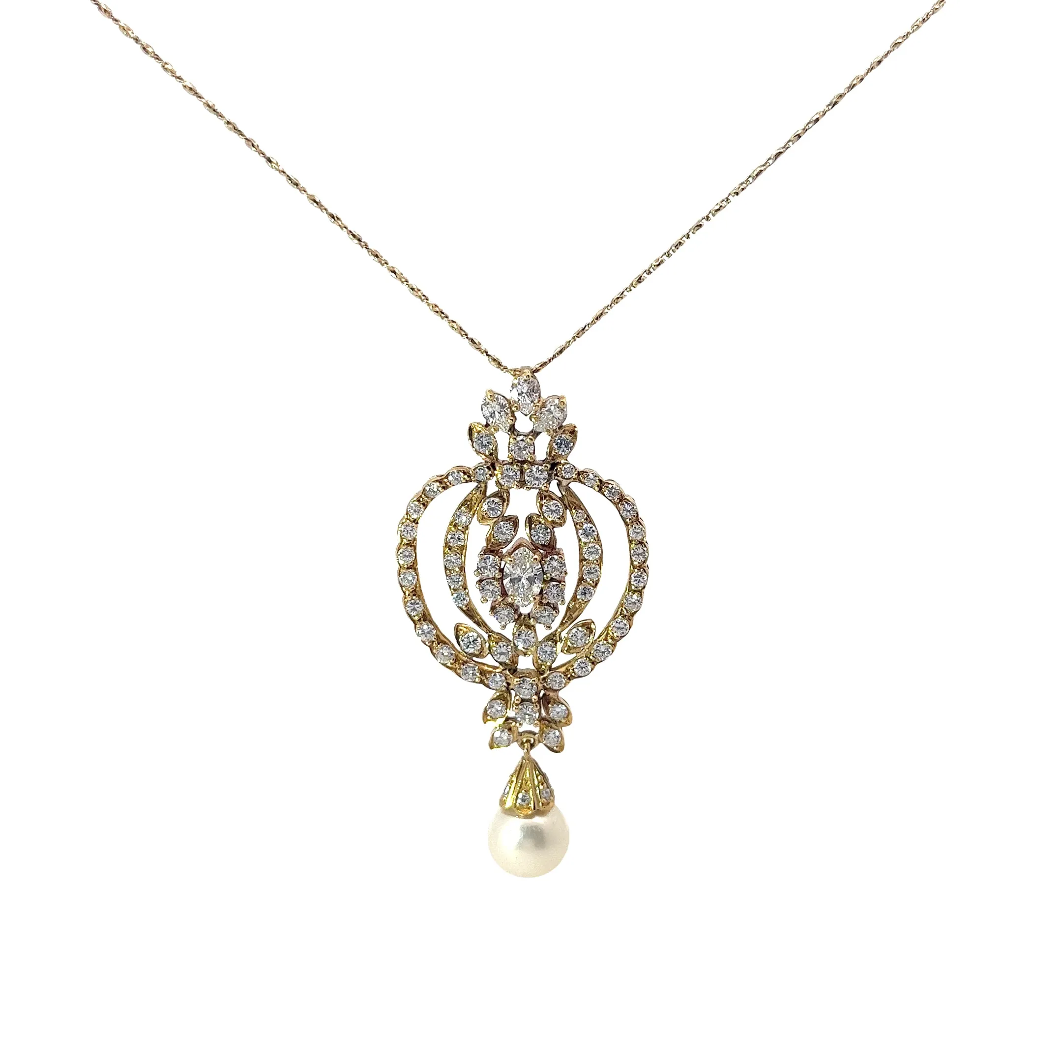18k Yellow Gold 2.15ct F VS2 Round and Marquise Diamond and Fresh Water White Vintage Pearl Necklace