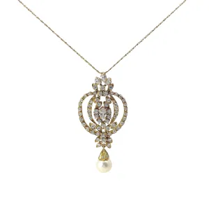 18k Yellow Gold 2.15ct F VS2 Round and Marquise Diamond and Fresh Water White Vintage Pearl Necklace