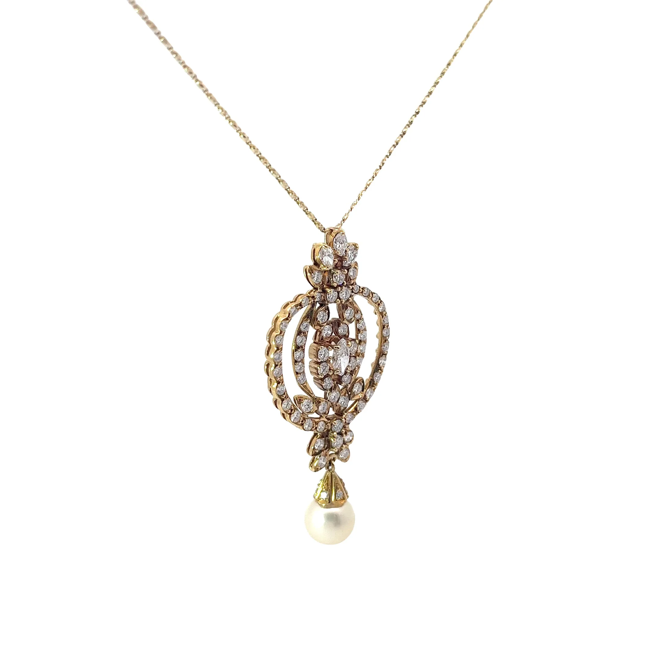 18k Yellow Gold 2.15ct F VS2 Round and Marquise Diamond and Fresh Water White Vintage Pearl Necklace