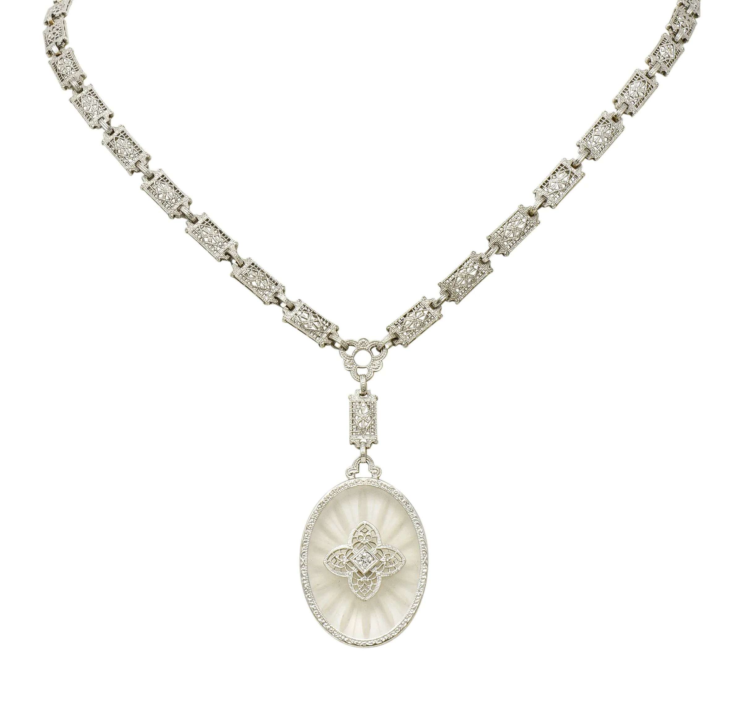 1920's Art Deco Diamond Camphor Glass Platinum Oval Drop Necklace