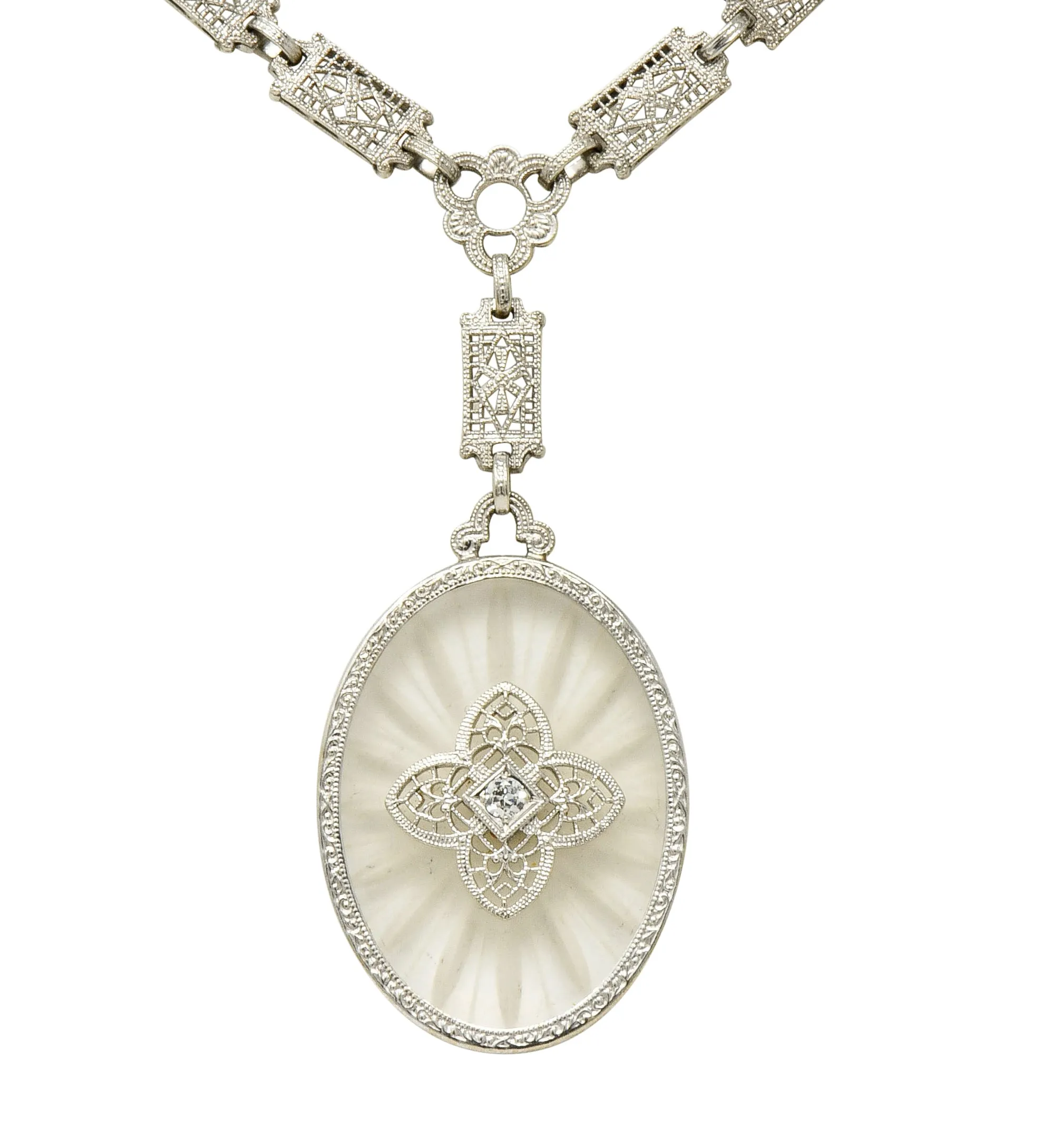1920's Art Deco Diamond Camphor Glass Platinum Oval Drop Necklace