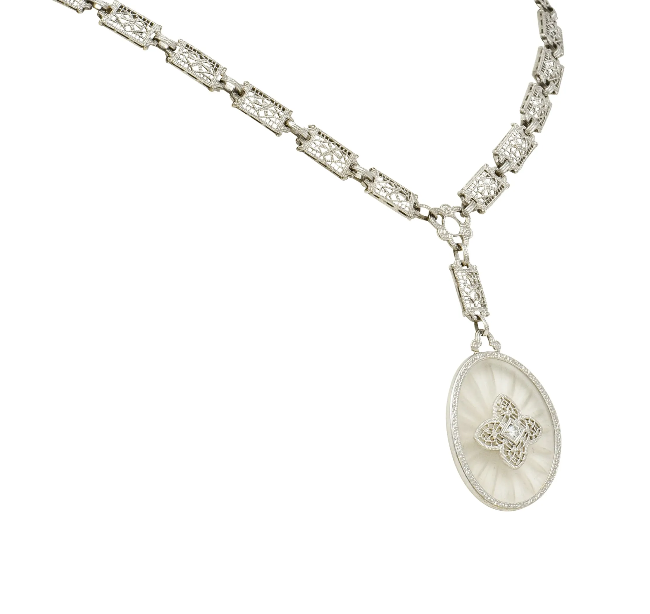 1920's Art Deco Diamond Camphor Glass Platinum Oval Drop Necklace