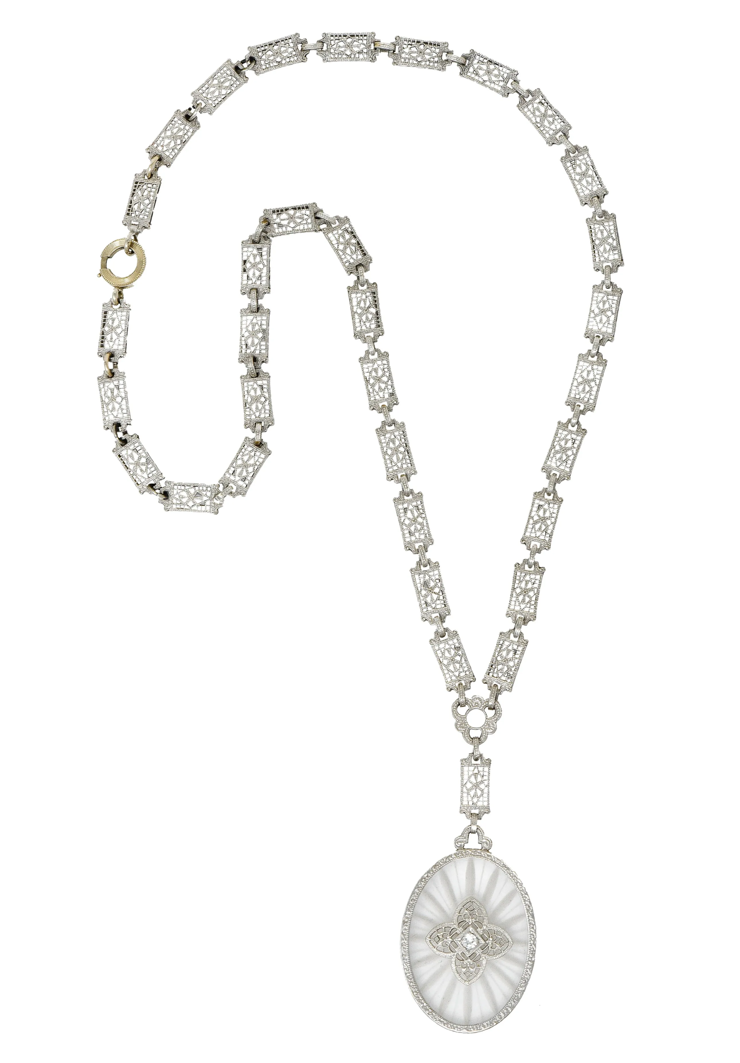 1920's Art Deco Diamond Camphor Glass Platinum Oval Drop Necklace