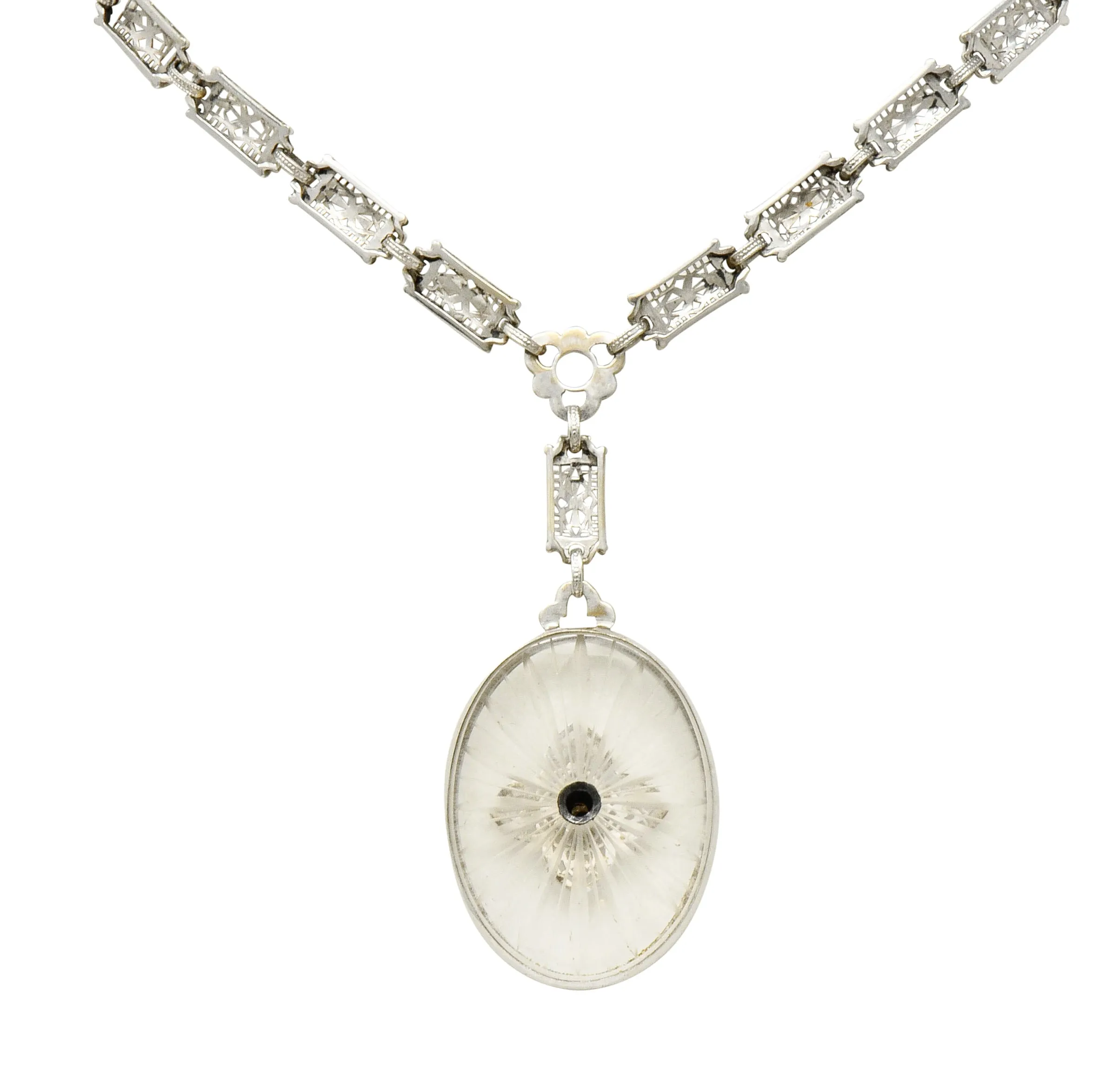 1920's Art Deco Diamond Camphor Glass Platinum Oval Drop Necklace