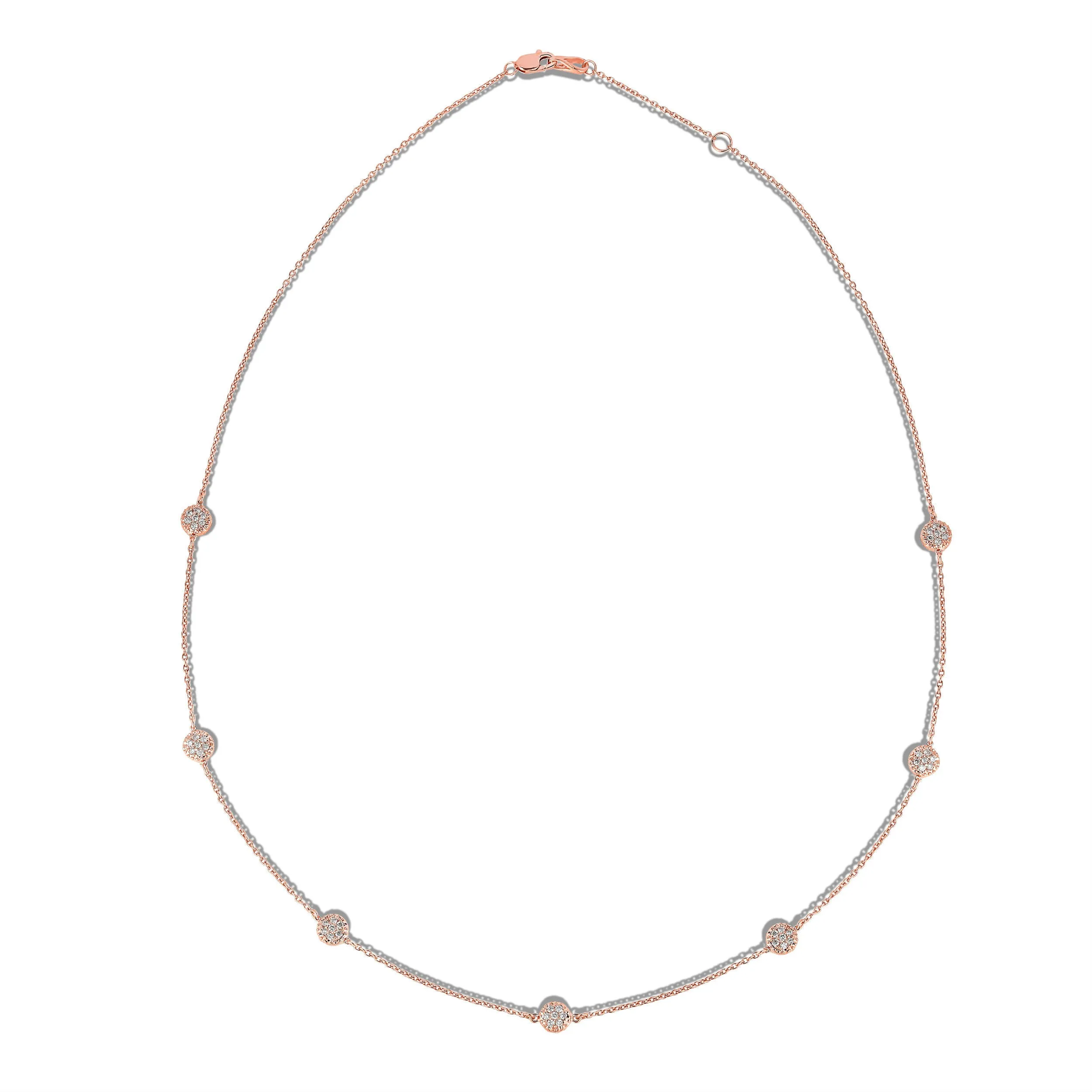 7 Station 0.70Ct Diamond Cluster Necklace, 18" in 14K Gold