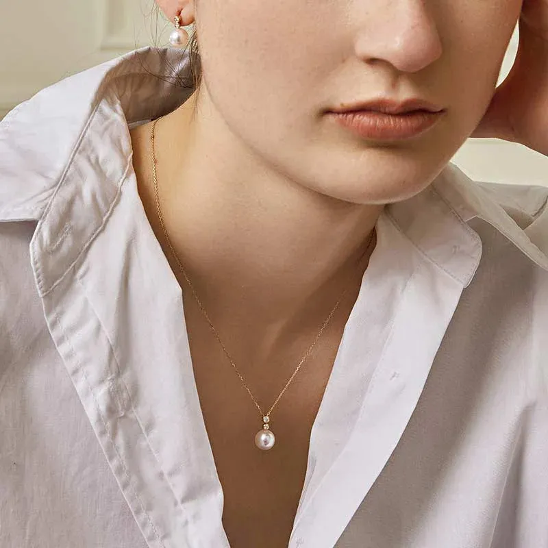 Akoya Pearl 18K Gold Double Diamond Elegant Necklace