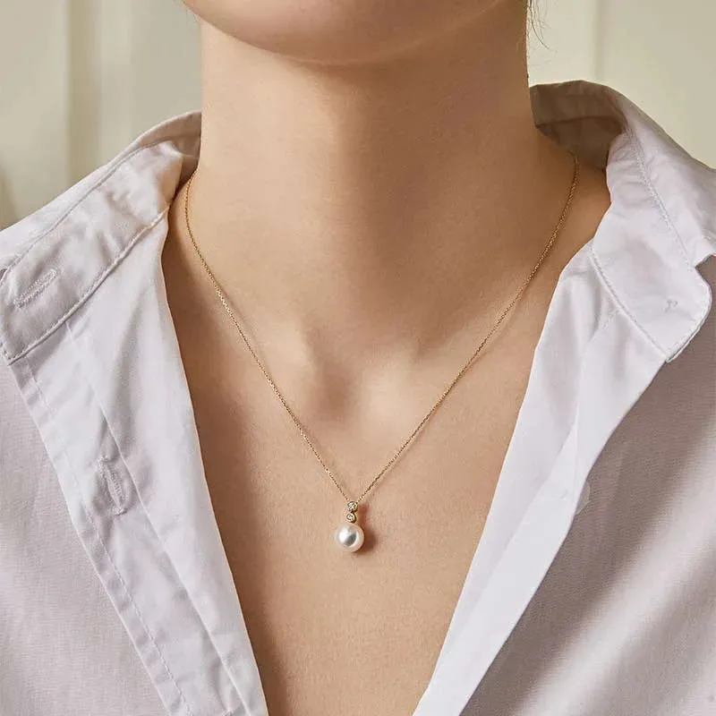 Akoya Pearl 18K Gold Double Diamond Elegant Necklace