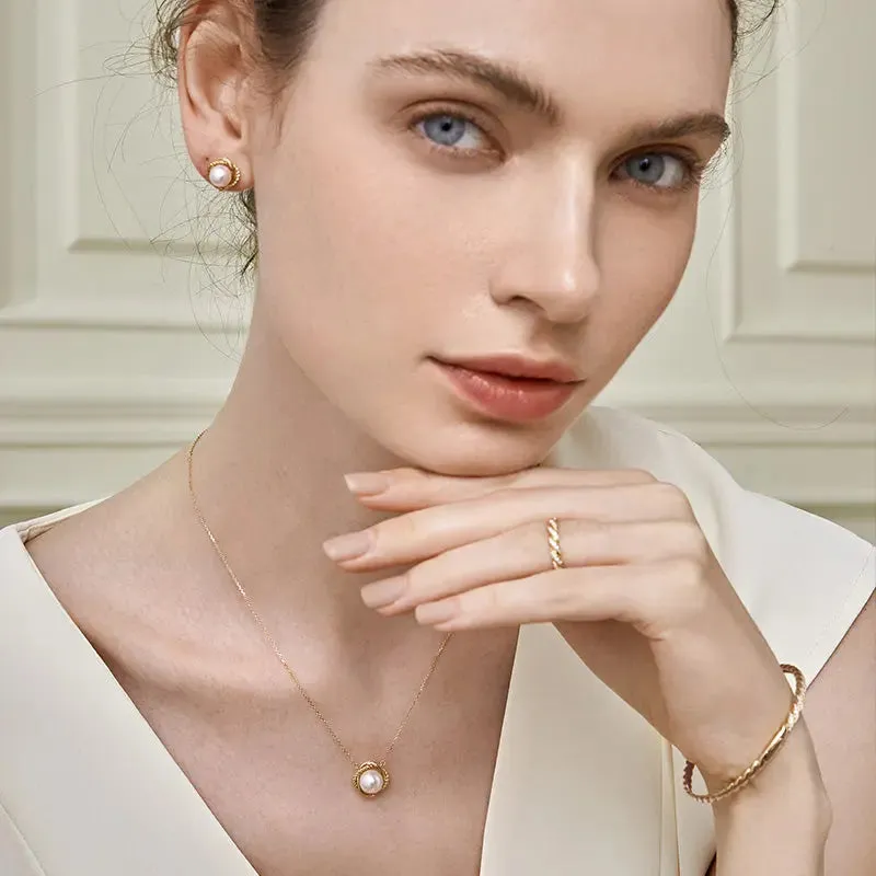Akoya Pearl Necklace 18K Yellow Gold Diamond Knot Pendant