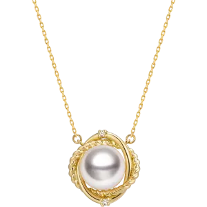 Akoya Pearl Necklace 18K Yellow Gold Diamond Knot Pendant