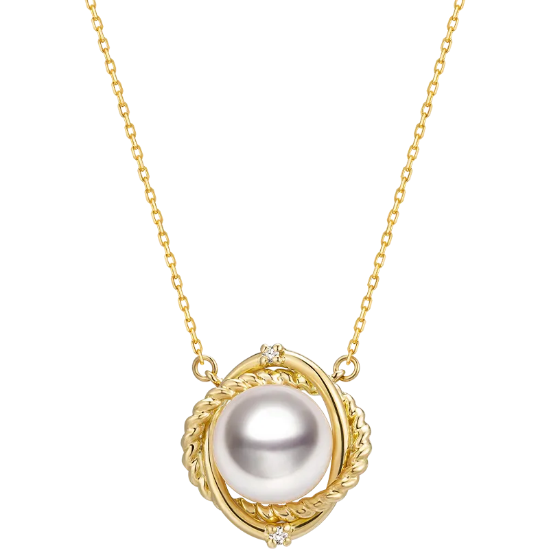 Akoya Pearl Necklace 18K Yellow Gold Diamond Knot Pendant