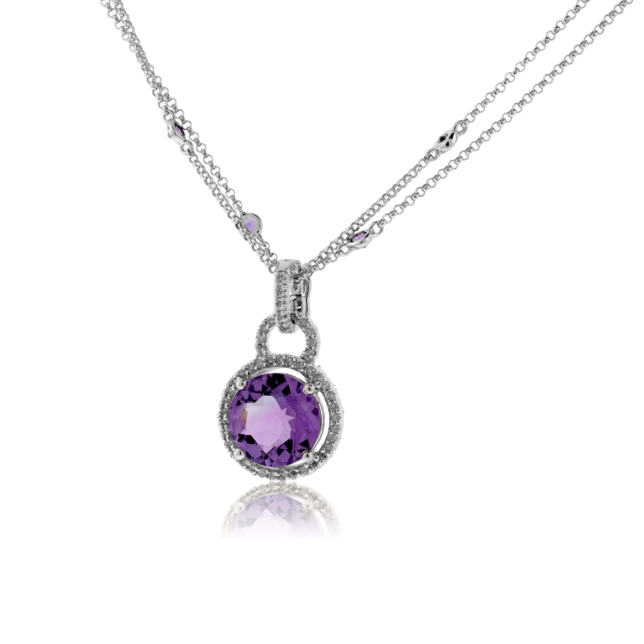Amethyst Diamond Halo Style Pendant with Diamond Chain